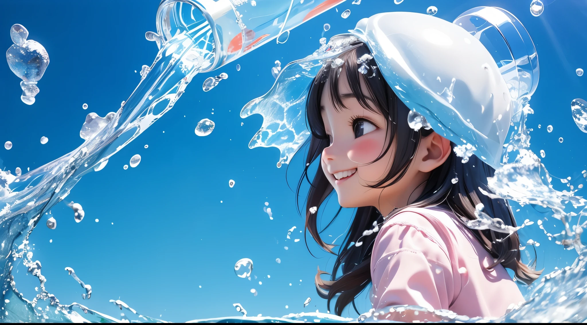 Mid summer、Girl pouring water from a plastic bottle on her head、water droplets、smile、Taken from the side