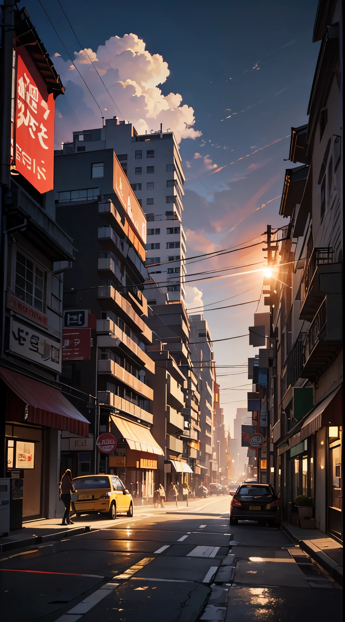 In the glow of a warm sunset, an urban street takes on a dramatic vibe with buildings casting long shadows. The sky above is adorned with illuminated clouds, and a powerful lightning bolt adds a touch of intensity to the scene, creating a mesmerizing urban landscape