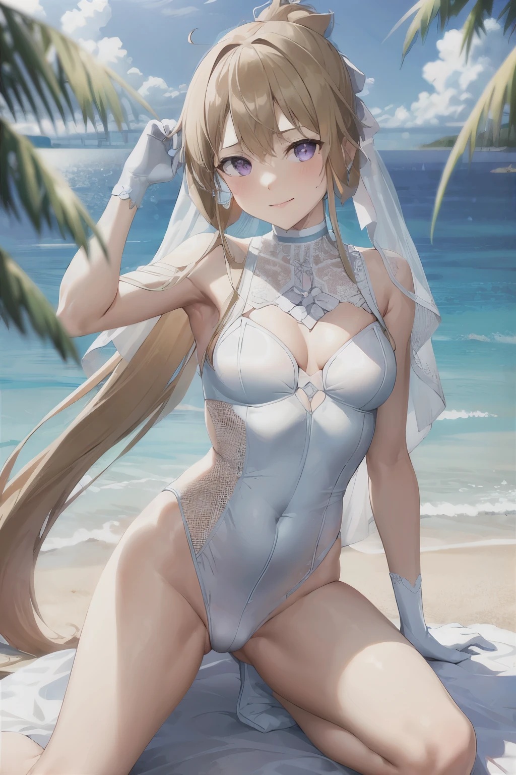 masterpiece, best quality, highres, high_definition, very long hair, a beach, 1girl, solo, a woman in a sexy bridal dress, white glove, sexy pose, blush, little smile, bangs, hair_between_eyes, purple eyes, blond hair, ponytail, medium_breasts, sexy lingerie, seductive pose, sexy pose, very long hair, bridal veil,