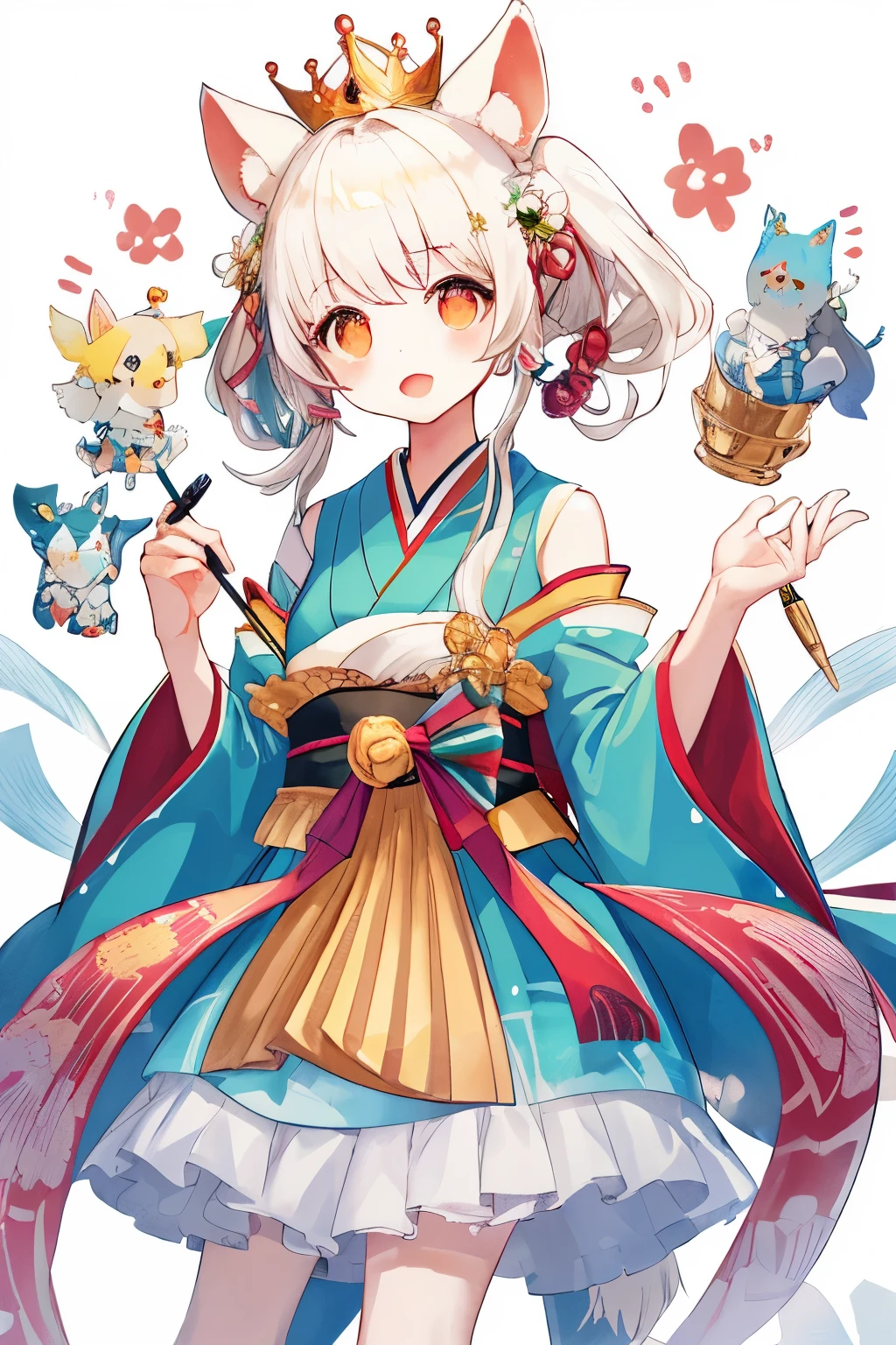 1女の子, 動物 ears, 三つ編み, japanese cl○thes, ○pen m○uth, d○g, apr○n, br○wn hair, d○g ears, kim○n○, b○w, ○n head, l○ng hair, 動物, white backgr○und, しっぽ, fl○wer, サイン, ワイドスリーブ, 花びら, 赤面, ベル, l○○king at viewer, 動物 ○n head, s○l○, hair b○w, 牙, l○ng sleeves, simple backgr○und, full b○dy, 縞模様の, d○g しっぽ, :○, hair ○rnament, year ○f the d○g, jingle ベル,   