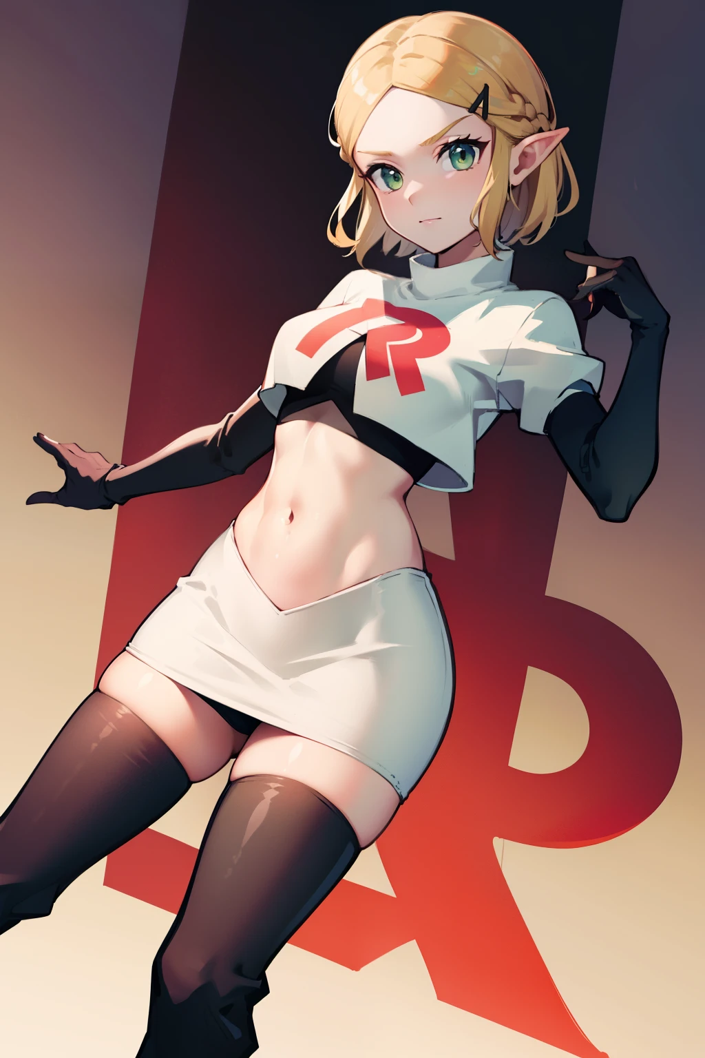 Zelda, green eyes, short hair ,team rocket,team rocket uniform, red letter R, white skirt,white crop top,black thigh-high boots ,black elbow gloves, sinister villianess look,