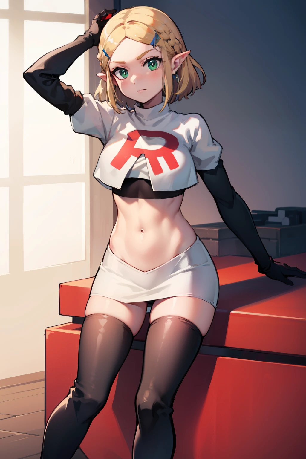 Zelda, green eyes, short hair ,team rocket,team rocket uniform, red letter R, white skirt,white crop top,black thigh-high boots ,black elbow gloves, sinister villianess look,