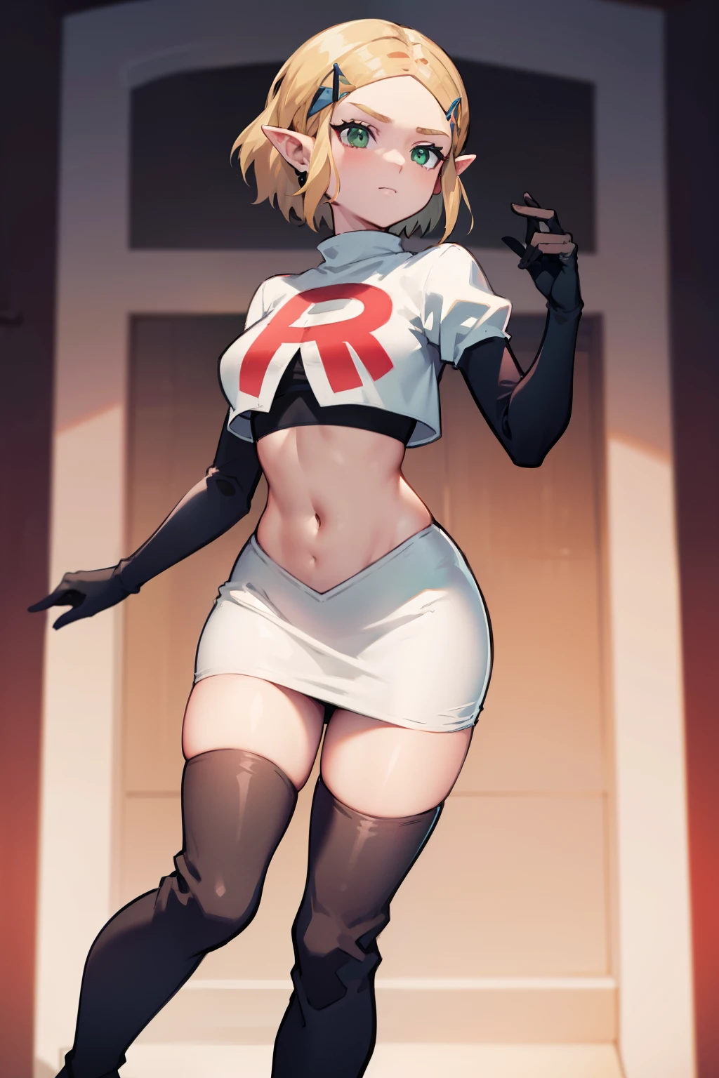 Zelda, green eyes, short hair ,team rocket,team rocket uniform, red letter R, white skirt,white crop top,black thigh-high boots ,black elbow gloves, sinister villianess look,