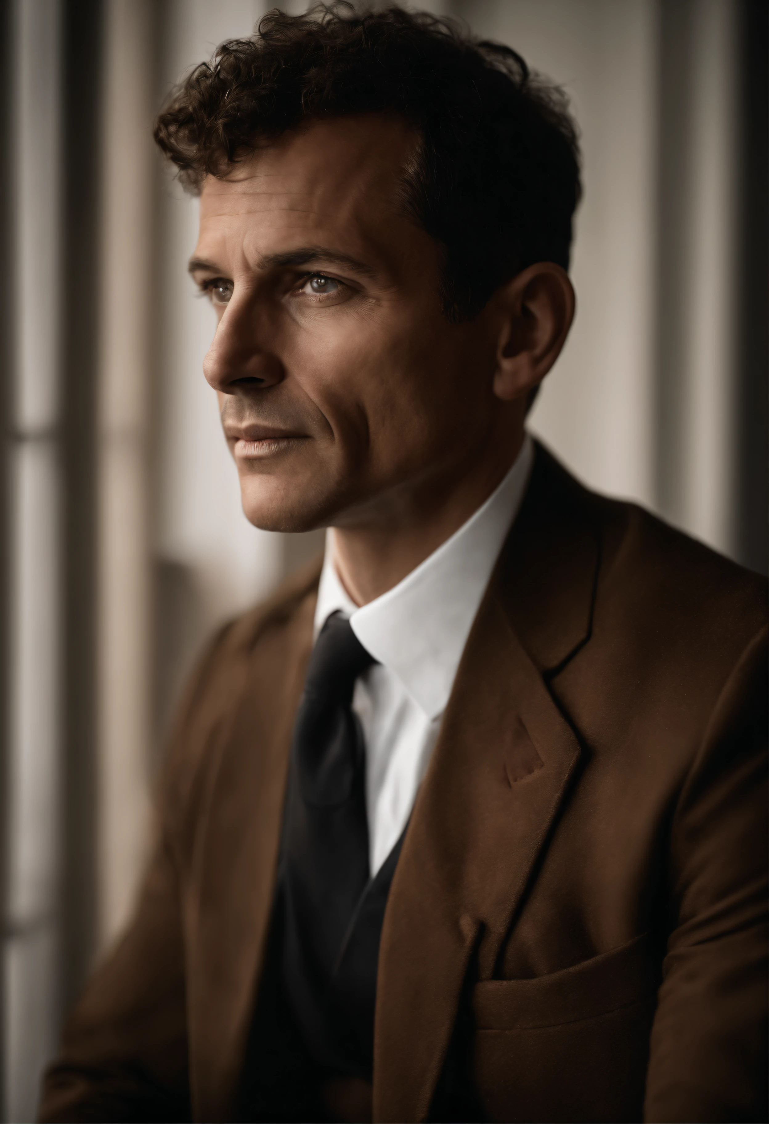 cinematic portrait , Um homem de Handom, Alto e em forma, (40 anos:1.1), (Barbeado:1.2), (cabelos castanhos muito curtos e finos um pouco cacheados:1.5),(cabelos finos muito curtos:1.6). (Terno de veludo preto e camisa branca :1.3) . fundo minimalista, Own composition, Detalhes fortes, cores suaves, Hasselblad, Estilo cru