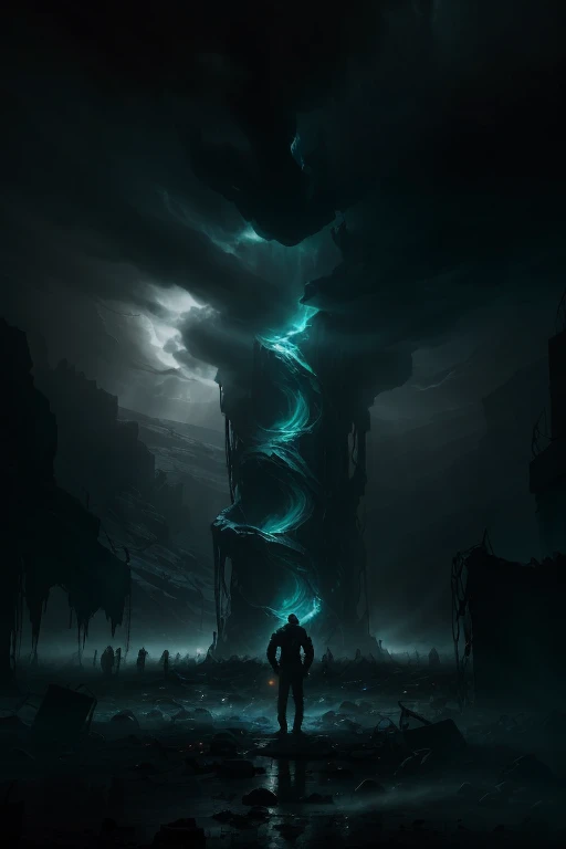 In the depths of a desolate valley, a dramatic and cinematic scene unfolds. A man stands defiantly in the midst of a chaotic circle formed by an ominous crowd of outstretched human hands, each one facing upward as if in supplication. The air is thick with the oppressive presence of black cloudy clouds, the swirling mists casting an eerie glow over the scene. It is a land shrouded in darkness, a place where souls are lost and forgotten – the very heart of Hell.
The resolution of this high-resolution, extra-detailed image is breathtaking. The wrinkles and veins on the hands of the throngs of souls