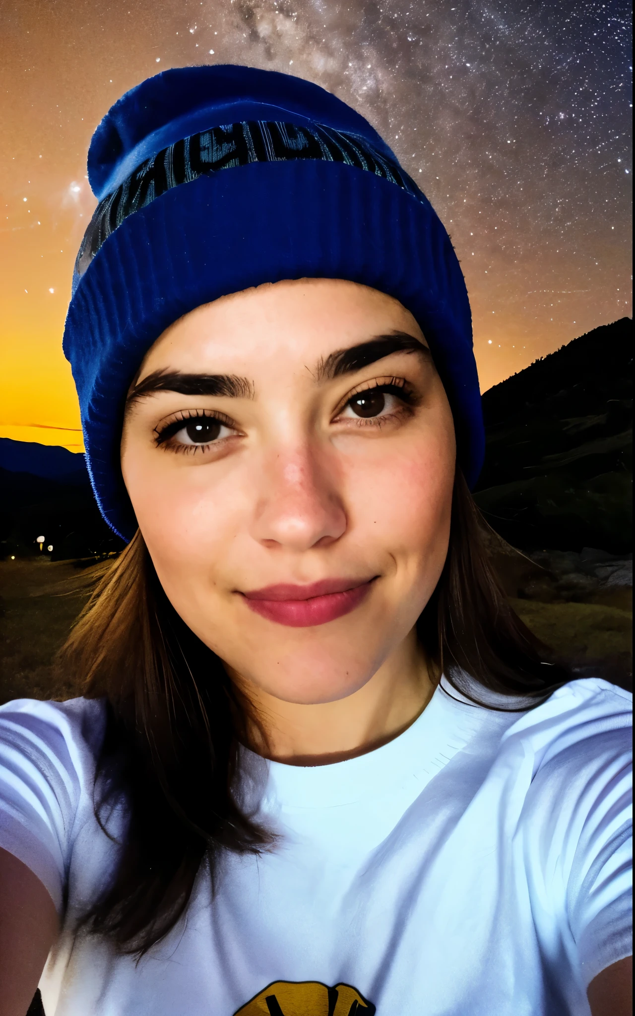 photograph, photo of beautiful woman, selfie, full body, outdoors, (night), mountains, real-life nature, cheerful, happy, gloves, sweater, beanie, looking at viewer, skin texture, photo grain, close up, RAW photo