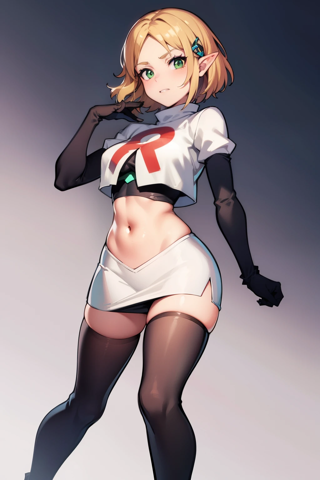 Zelda, green eyes, short hair ,team rocket,team rocket uniform, red letter R, white skirt,white crop top,black thigh-high boots ,black elbow gloves, sinister villianess look,