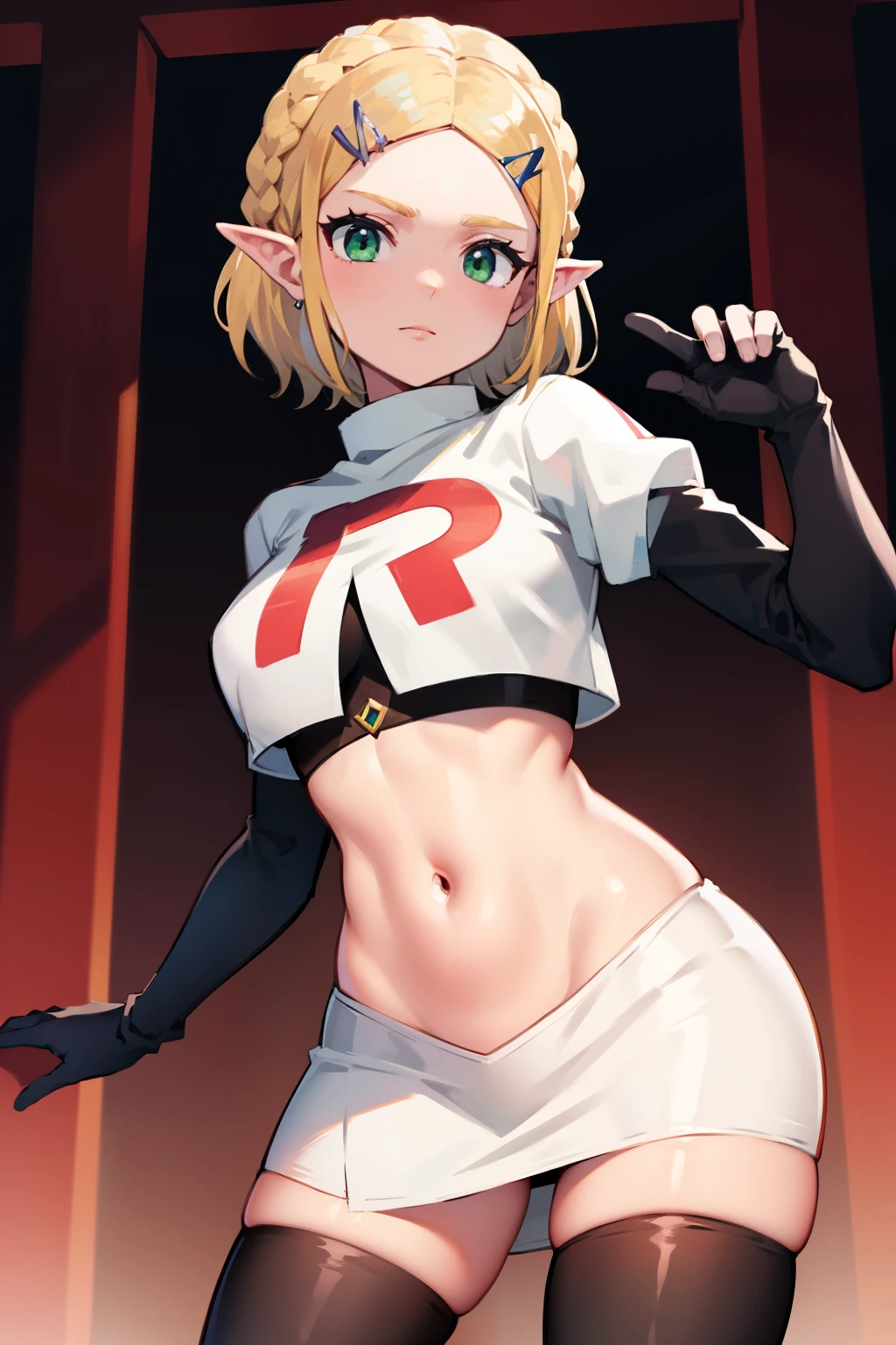 Zelda, green eyes, short hair ,team rocket,team rocket uniform, red letter R, white skirt,white crop top,black thigh-high boots ,black elbow gloves, sinister villianess look,
