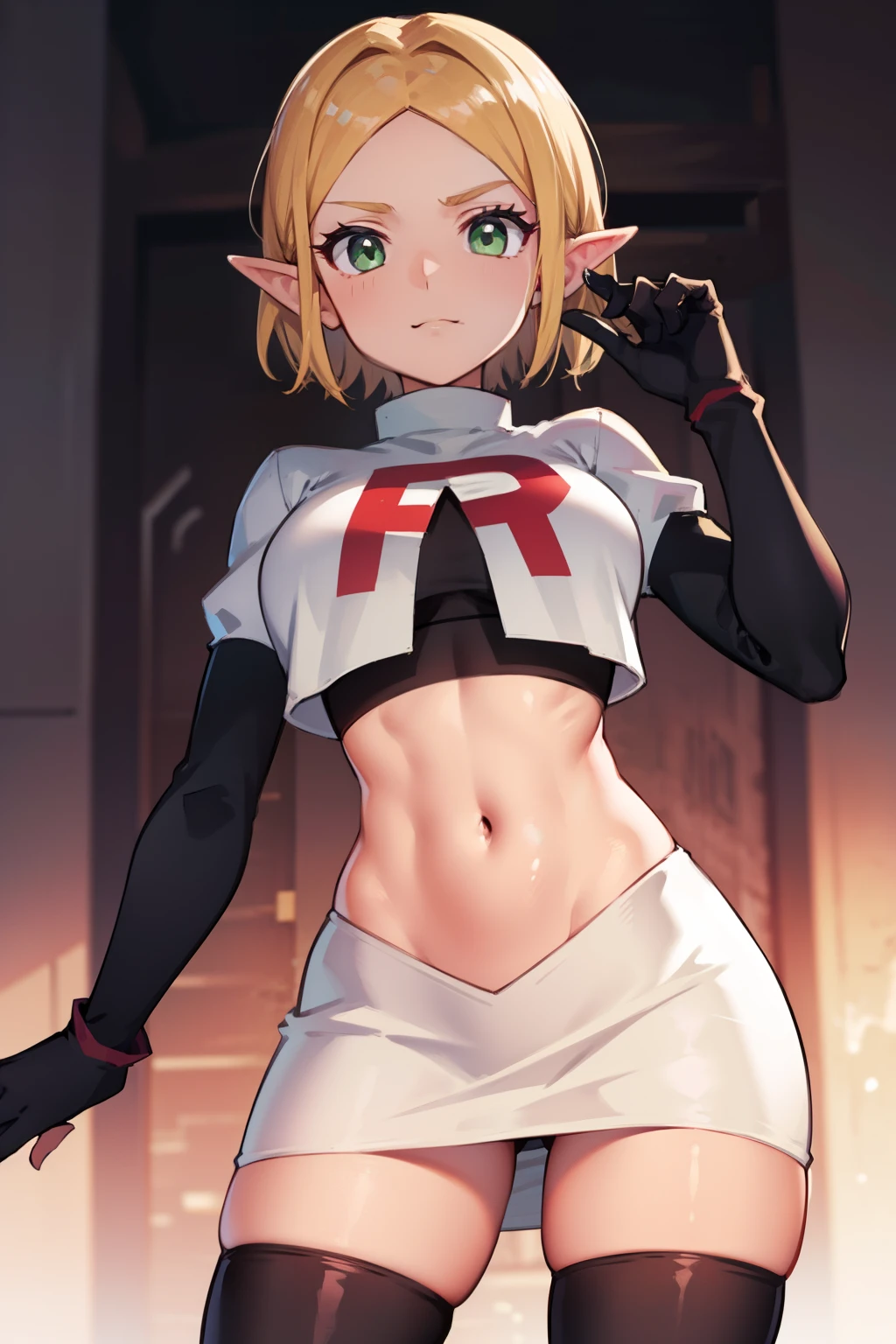 Zelda, green eyes, short hair ,team rocket,team rocket uniform, red letter R, white skirt,white crop top,black thigh-high boots ,black elbow gloves, sinister villianess look,