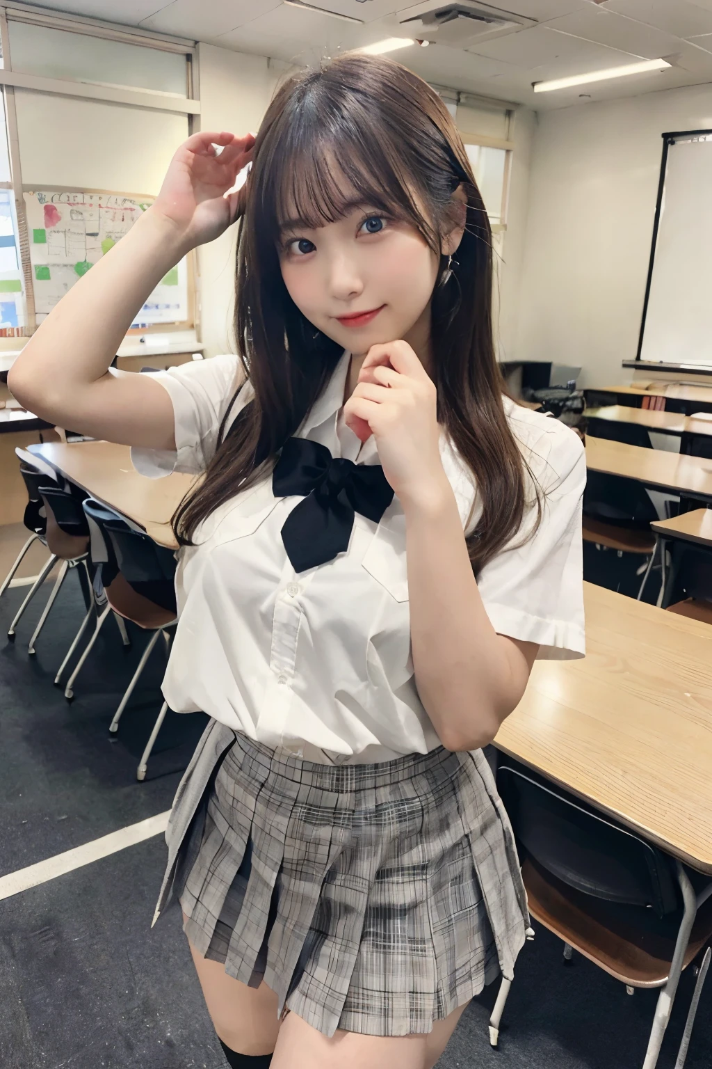 (masutepiece, extremely detailed 8k raw photo, sharp line:1.1), (18 year old Japan in tight gray miniskirt uniform), Official art, Full body,Booty pose, Colorful, Beautiful eyes, light brown hair, (Stand in a high school classroom:1.2), Skirt lifting:1.3, dark brown eyes, Cute, kawaii, Ecchi, Sexy, Big,Too big breast, Cameltoe:1.3, nose blush, Natural Skin, Looking at Viewer, Shy, gravure:1.1, skirt rift:1.2, too thick thighs, Anatomically correct:1.2, Anatomically correct hand:1.3, (Medium Hair:1.2), Idol photo album,posterior view,Depicted to the toes
