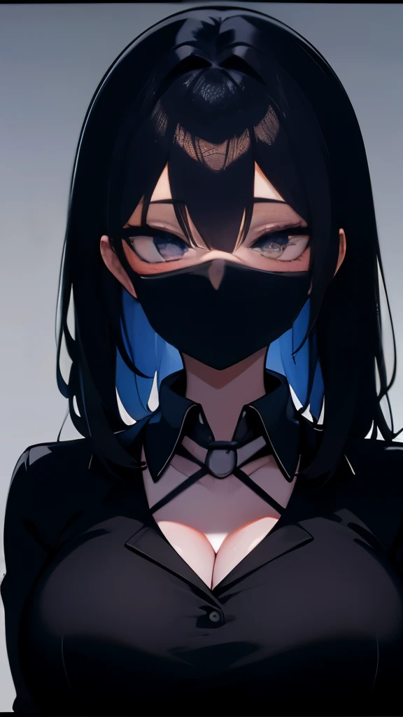 long black hair、long eyes、big breasts、長袖の オフショルダー、dress made of thin fabric、mask、full shot, My chest is about to fall、big cleavage、Wear a photo ID around your neck、Turn your face away、bewitching adult woman、事務職、Office lady