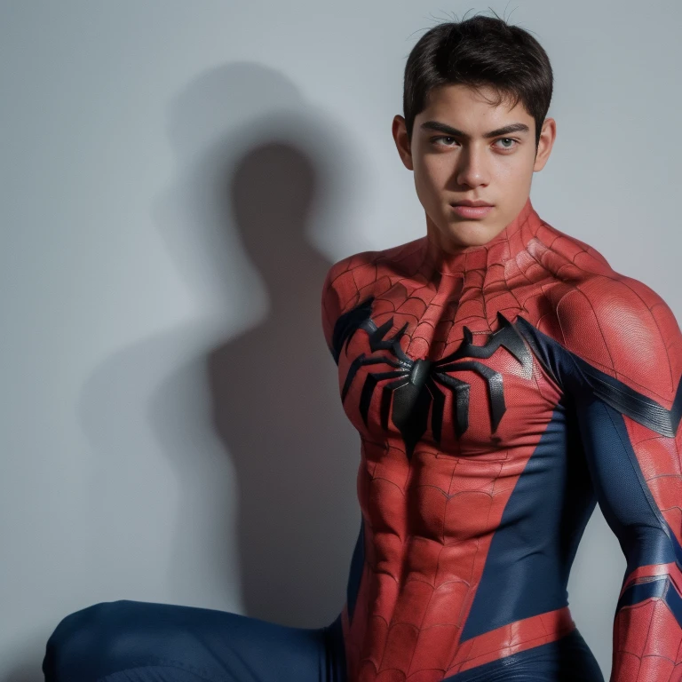 A  (young) muscular mexican hero with Spider-man suit, big muscles. Very handsome teen