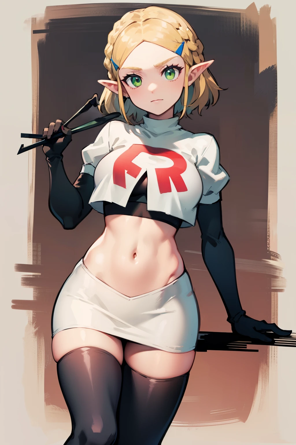 Zelda, green eyes, short hair ,team rocket,team rocket uniform, red letter R, white skirt,white crop top,black thigh-highs ,black elbow gloves, sinister villianess look,