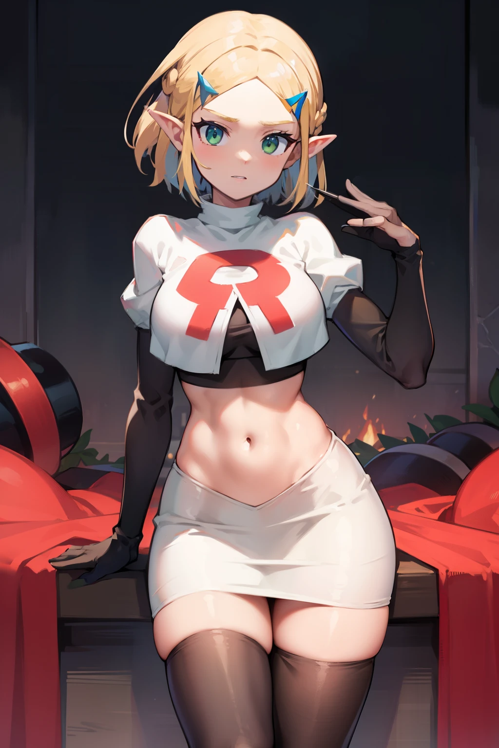 Zelda, green eyes, short hair ,team rocket,team rocket uniform, red letter R, white skirt,white crop top,black thigh-highs ,black elbow gloves, sinister villianess look,