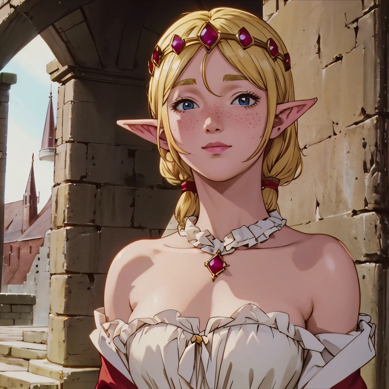 a beautiful blonde woman with elf ears and frecklees, with a Ruby crown