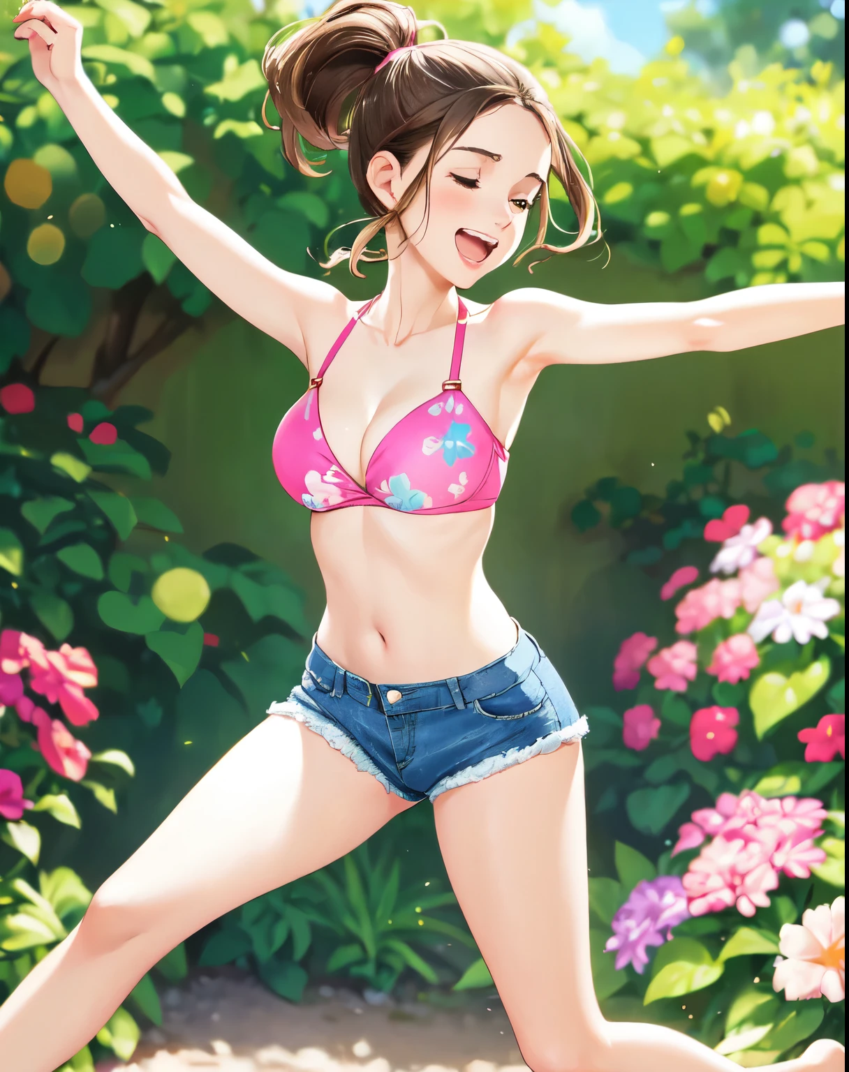 Alison Brie, 30 years old. Unkempt brown hair tied up in a ponytail. She wears the top of a hot pink bikini, bandeau neckline with straps. Wear jean shorts. She goes barefoot. She is dancing, arms outstretched, eyes closed, she is happy, she feels free, carefree. Defocused background of a garden. Airbrush painting, sharp focus, vivid colors