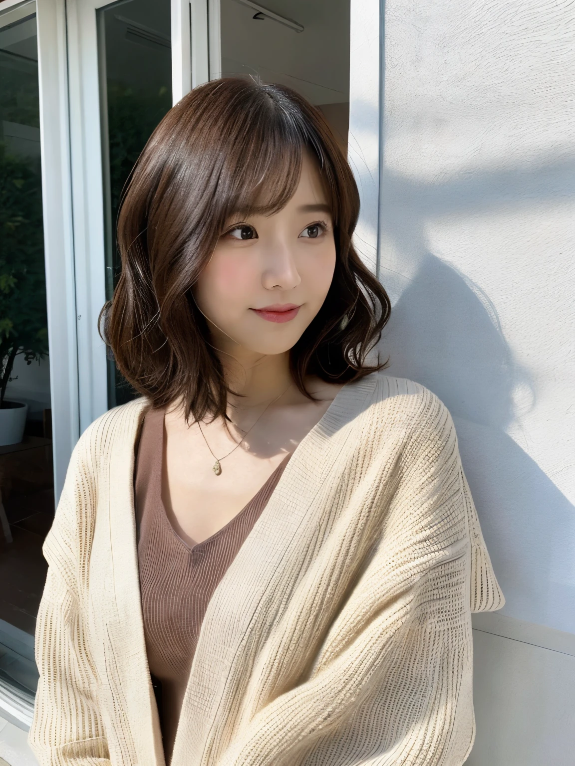 (layered haircut:1.2))、short wavy hair、8K、（Live shooting）、（highest quality）、（フォトrealistic：1.4）Reality to the touch Reality、(4Khigh resolution:1.2)、(high resolution, muste piece, highest qualityの, high detail, official: 1.4), (Reality: 1.2, ハイパーrealistic: 1.1, フォトrealisticです: 1.37), Depth of bounds written, (detailed description of hair), (Detailed description of the face), unparalleled beauty,, (35 years old,: 1.4)、I&#39;m a little depressed、white wall、(Taken in front of the white door)、((窓のあるwhite wallの部屋))、indoor、Natural light、short hair、bob hairhair、realistic、high resolution、High quality、profile、various poses、profile、bob hair、random pose、autumn clothes、winter clothes、 wearing necklace