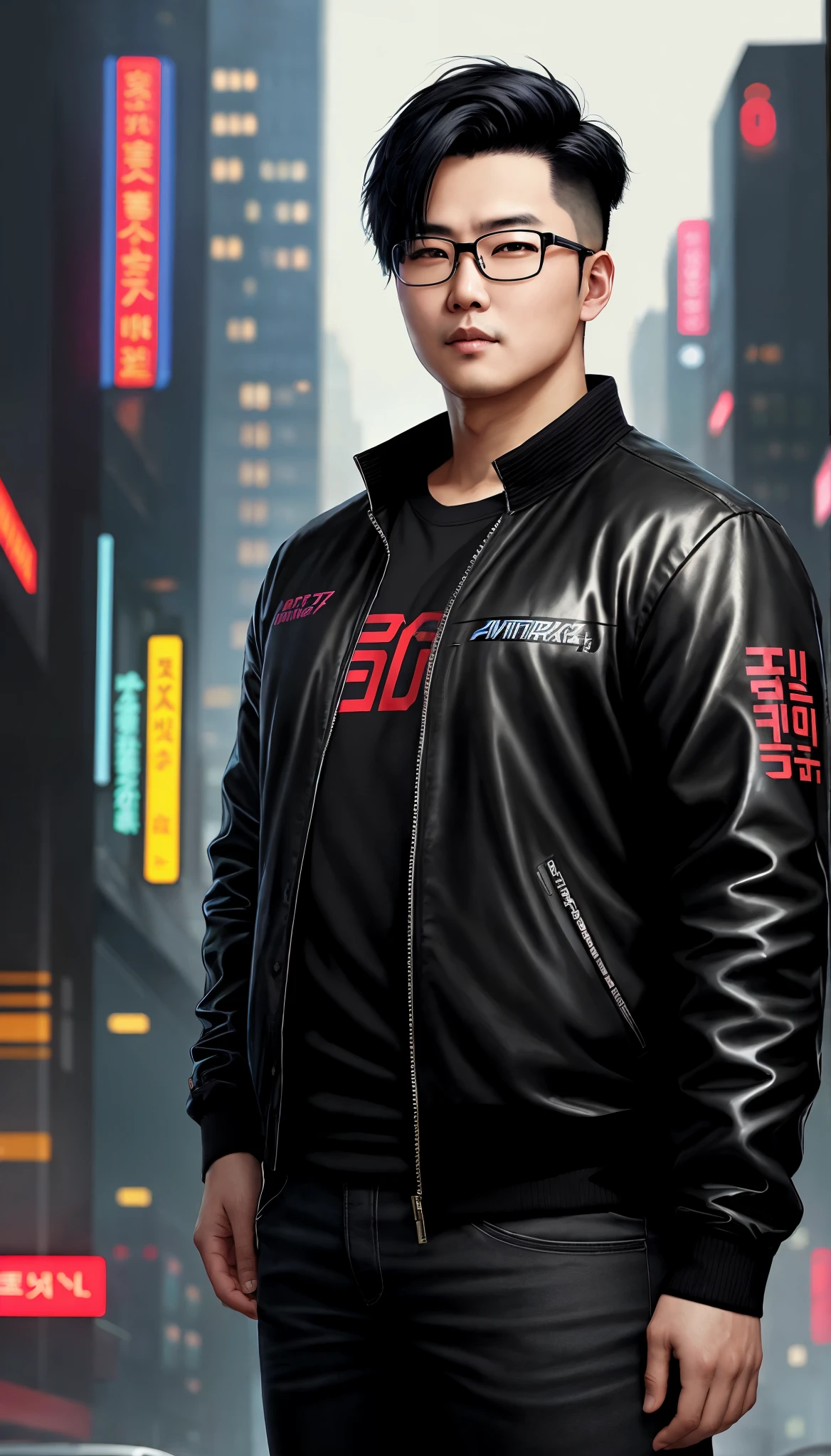 a painting of a Korean adult man , a bit fat ,short black Hair combed neatly, wearing Office glasses,background, style of cyberpunk 2077, halfbody, looking to front