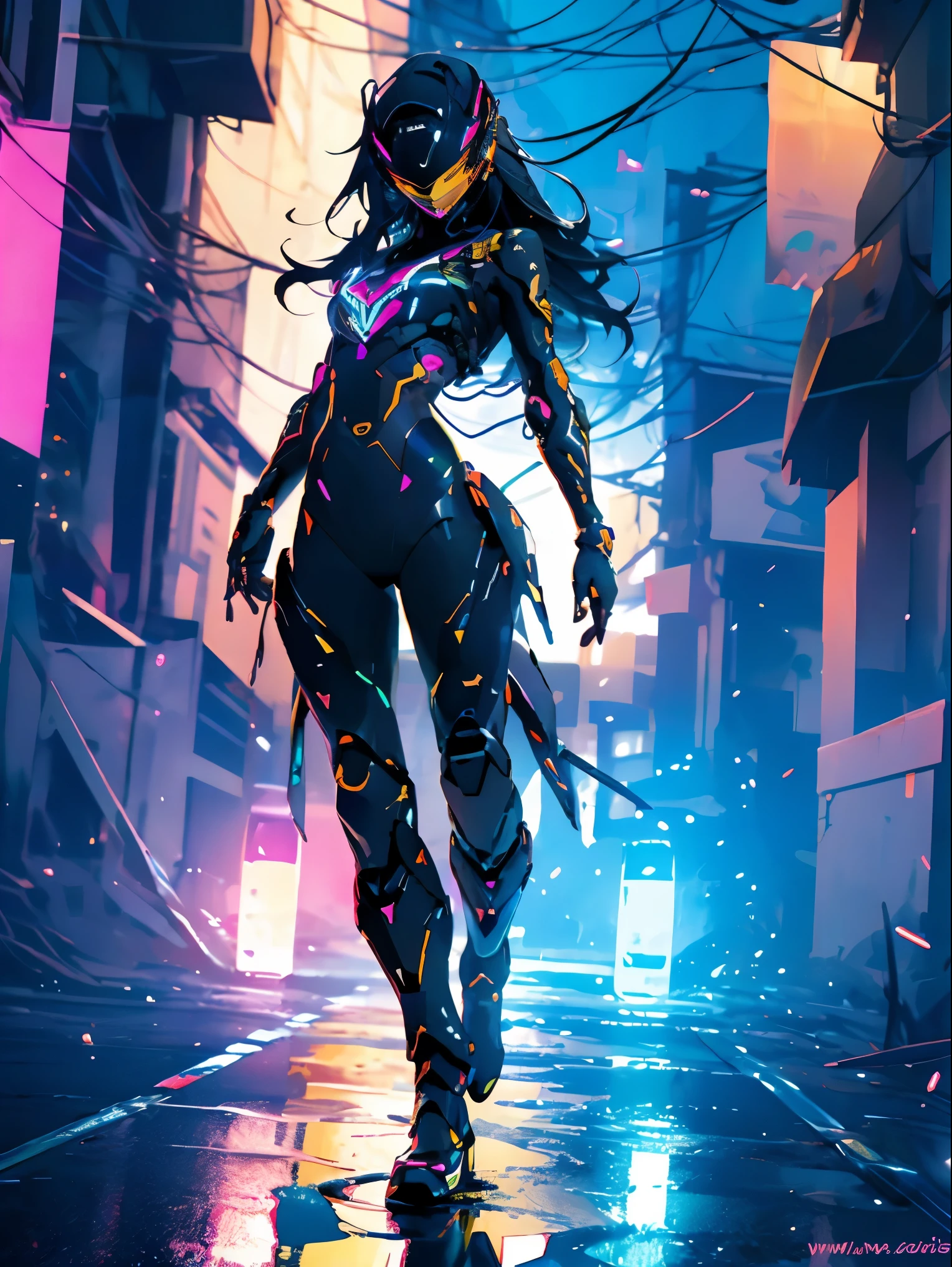 Sozinho, foto crua, realista, obra de arte, melhor qualidade, high resolution, ultra detalhado, artes oficiais, Papel de parede 8k, papel de parede oficial, 1 garota, 1 mulher, capacete, pouca roupa, Tiny thong, body preto curto e justo, couro, (seios grandes), Decote, cintura fina, quadris largos, noite, luar, cyber motorcycle gloves, (desembalar roupas), Innerboob, pose sensual, (a person in a cybercapacete of the future), cybercapacete, Fantastic, cyber, reflections in dark glass and plastic, fechar-se, linhas de movimento, buttom de cima para baixo, (curvado), hiper detalhado, luzes de neon, neon colors, Ciberpunk, reflections, Brilhante, sparks, detailed arms, dedos detalhados, pernas nuas detalhadas, fundo escuro, (inclinado para frente e para baixo), pose sedutora, sexy vision, fiber optic hair strands and electrical cables