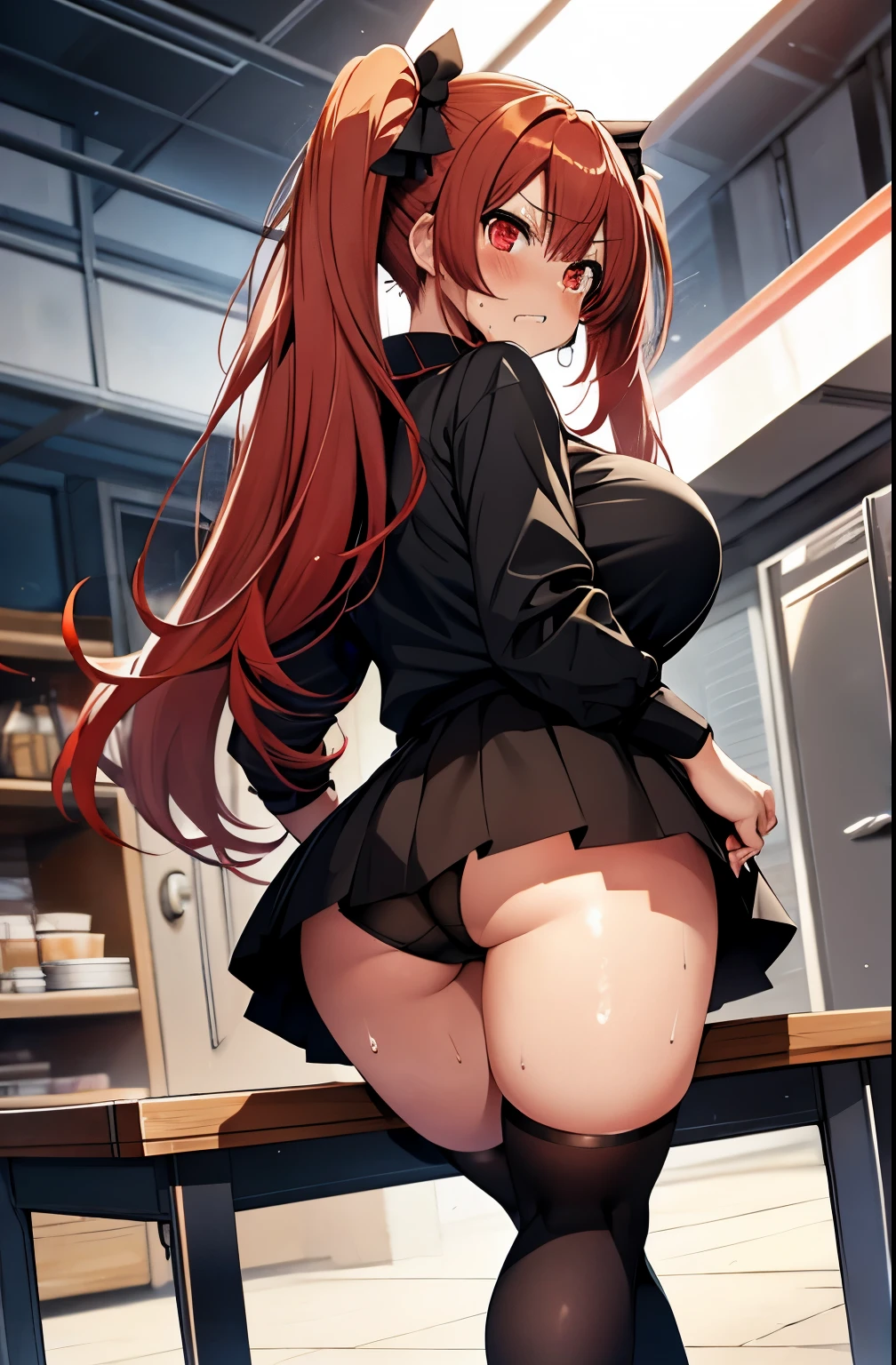 Red haired anime girl bending over table, twintails, red eyes, looking back, blush, large ass, plump ass, black panties, black skirt, black shirt, thick thighs, sweat, cameltoe, thigh socks, large breasts, glare, gritting teeth, angry, upskirt