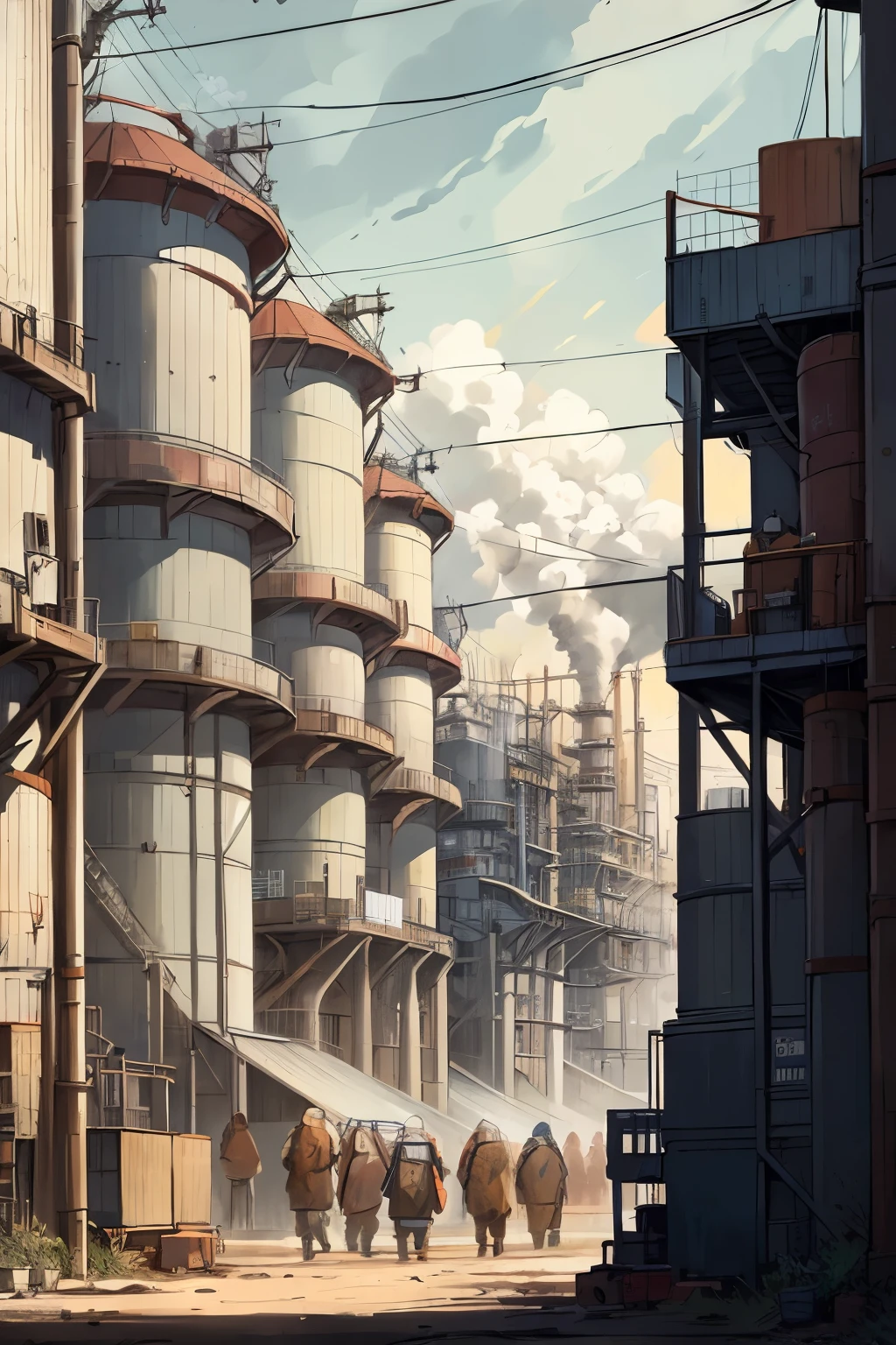 A captivating portrait of a maíz factory, meticulously captured in high-definition RAW color photography (Best Quality: 1.2). The image showcases intricate details and textures of the factory, with a cinematic light illuminating the scene. The maíz silos stand tall against the sky, their grainy exteriors contrasting against the bright blue backdrop. Smoke rises from the chimneys, adding depth and dimension to the image.
The factory workers, dressed in protective clothing, can be seen in the foreground. One worker, with oval-faced features and slim build, is turning the maíz crank with a determined look on their face
