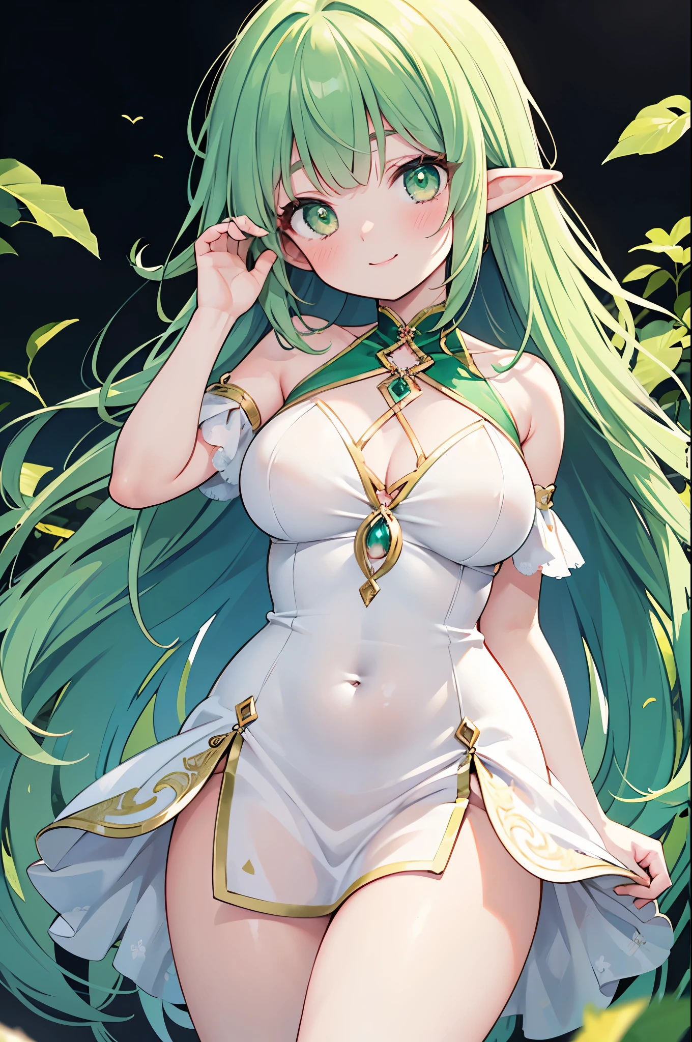 realistic image, coherent image, detailed image, 1 beautiful elf, She has white with green highlights, green eyes, her face is oval and delicate, blushing, smiling, She is wearing a white dress decorated with green and gold details, She has a curvy body, medium breasts, thick thighs, shy pose, black background,