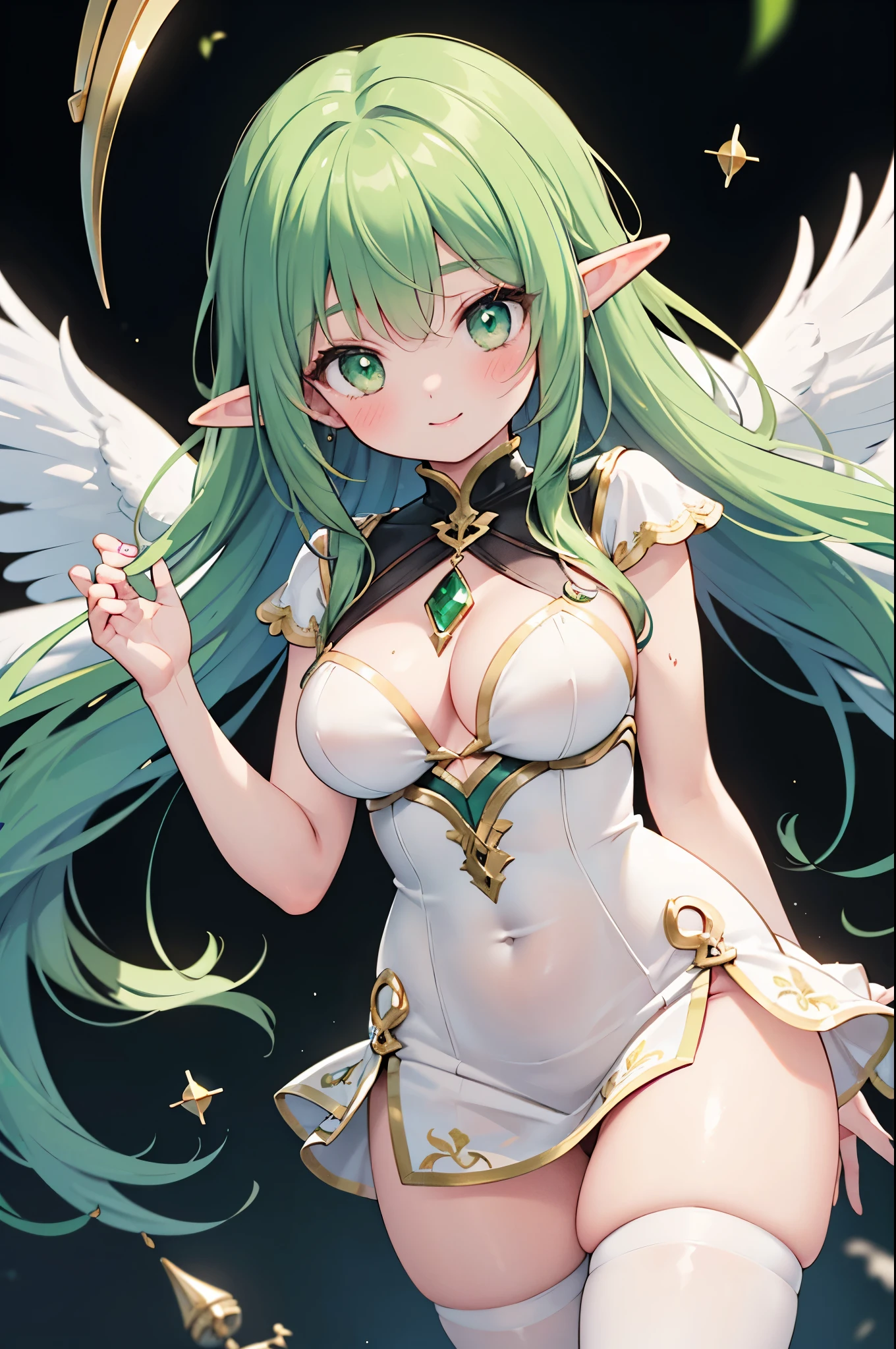 realistic image, coherent image, detailed image, 1 beautiful elf, She has white with green highlights, green eyes, her face is oval and delicate, blushing, smiling, She is wearing a white dress decorated with green and gold details, She has a curvy body, medium breasts, thick thighs, shy pose, black background,