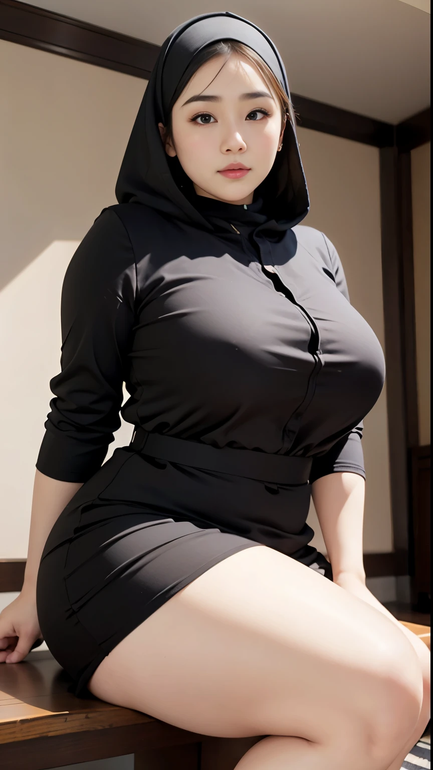 there is a woman sitting down with a brown hijab, bbwchan, thicc, brown hijab outfit, brown hijab fashion model, korean girl, korean woman, wearing brown robe, full length shot, alluring plus sized model, japanese goddess, clothed in hooded, voluptuous and arousing, portrait shot, curvy model, voluptuous body, wonderful, nene tanaka body , bbwchan, The overall atmosphere is smooth , haunting illustrations, extremely high-resolution details, photographic, realism pushed to extreme, fine texture, 4k, ultra-detailed, high quality, high contrast, red sneakers 