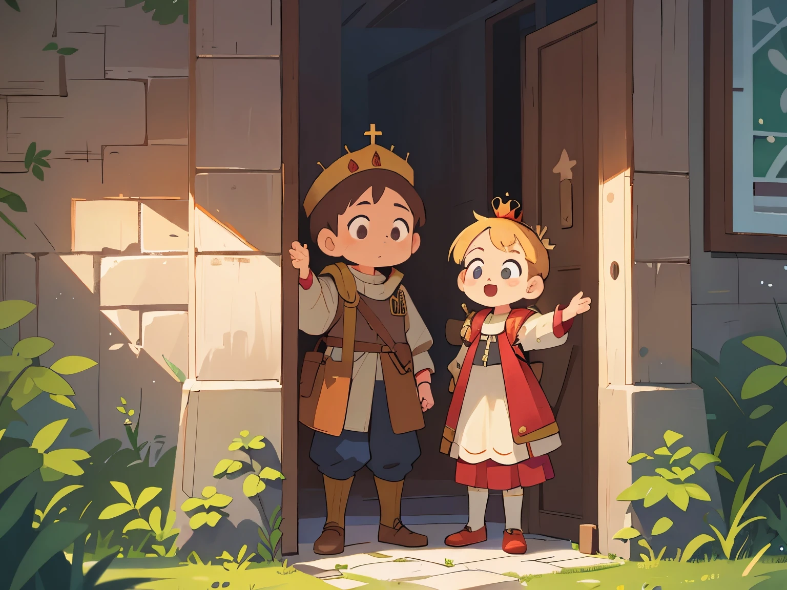 Medieval Europe, medieval clothing, ancient times, ((solo)),A 5-year-old boy and his mother stood at the door, staring ahead as a crowned king passed in front of them,((blond hair)), watercolor, medieval style,