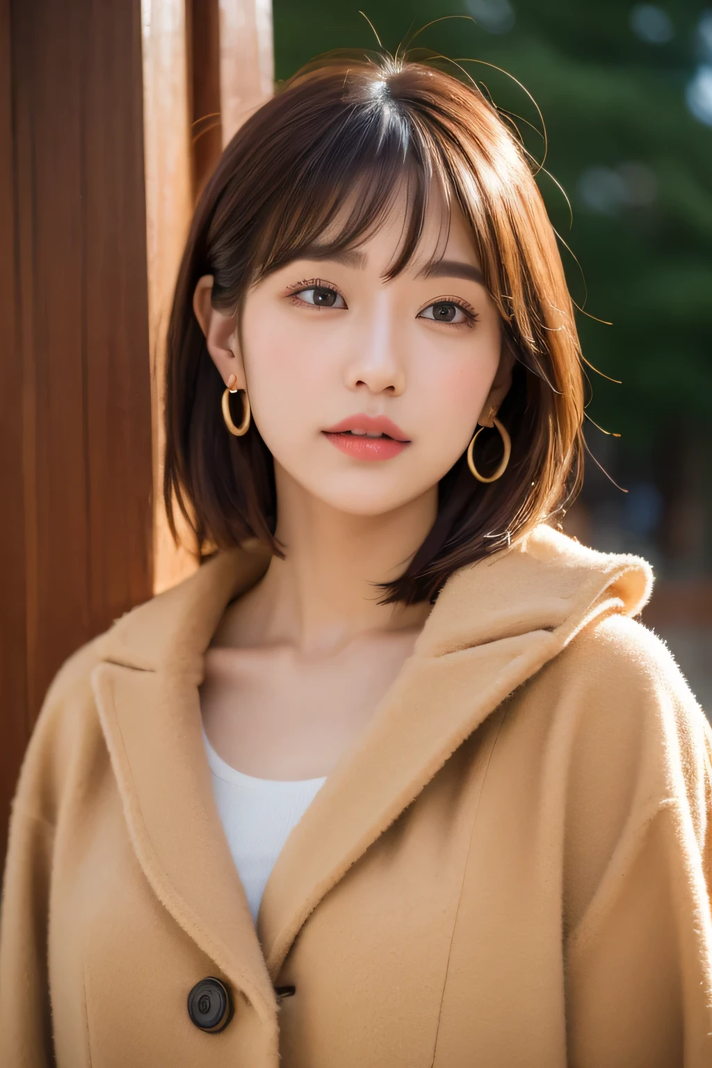 1 girl, just_wood, Brown_eye, Brown_hair, building, coin, cross_earrings, earrings, fur, fur trimmed_coin, fur_collar, fur_scarf, fur_trim, jewelry, lips, shorthair, looking for_in_viewer, outdoor, snow, snow, 一人in, wood, upper_body, winter, winter_Clothes, become familiar with_eye,big breasts, Bring your arms closer together, chest facing camera, big, stick out ears, Golden rinio face, Golden rinio body, highest quality, ultra high resolution, 前hair