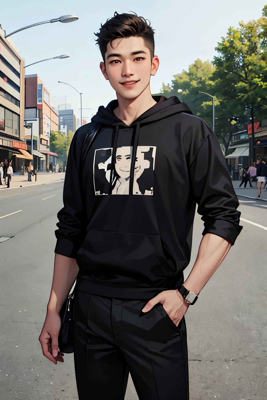 31 year old young Indonesian man with smiling face, cool black harajuku hair, black hoodie, sling bag, black trousers, city and community park background((best quality)), ((masterpiece)), (detailed), perfect face