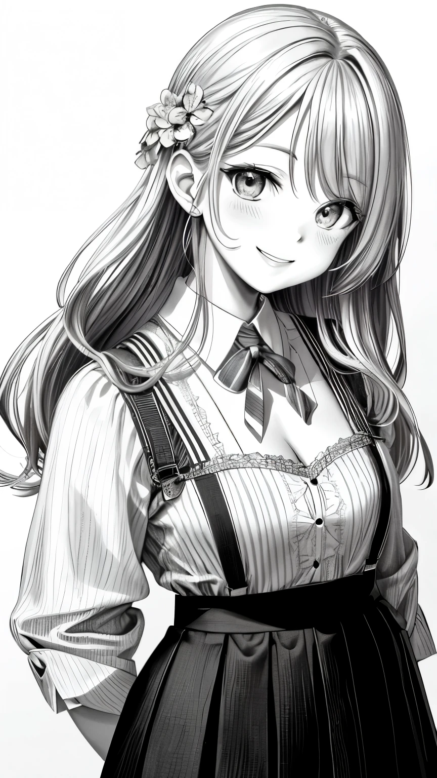 details face, line drawing, monochrome, line drawing, skirt, gray hair, white background、cleavage、smile、1 girl