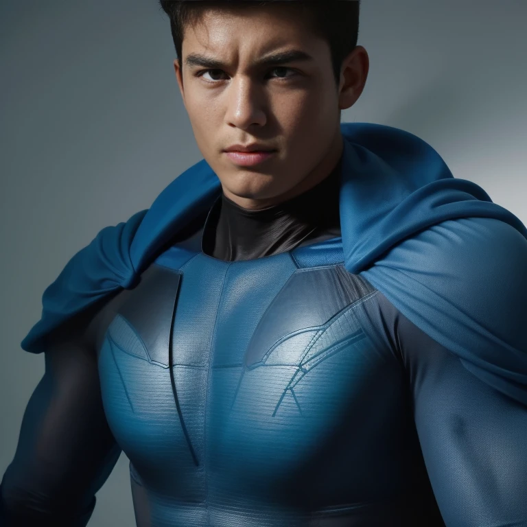 a teen (young) muscular mexican hero with blue bettle suit ((DC Comics)) , 16k resolution , ultra-high clarity , hyperrealism, uhd