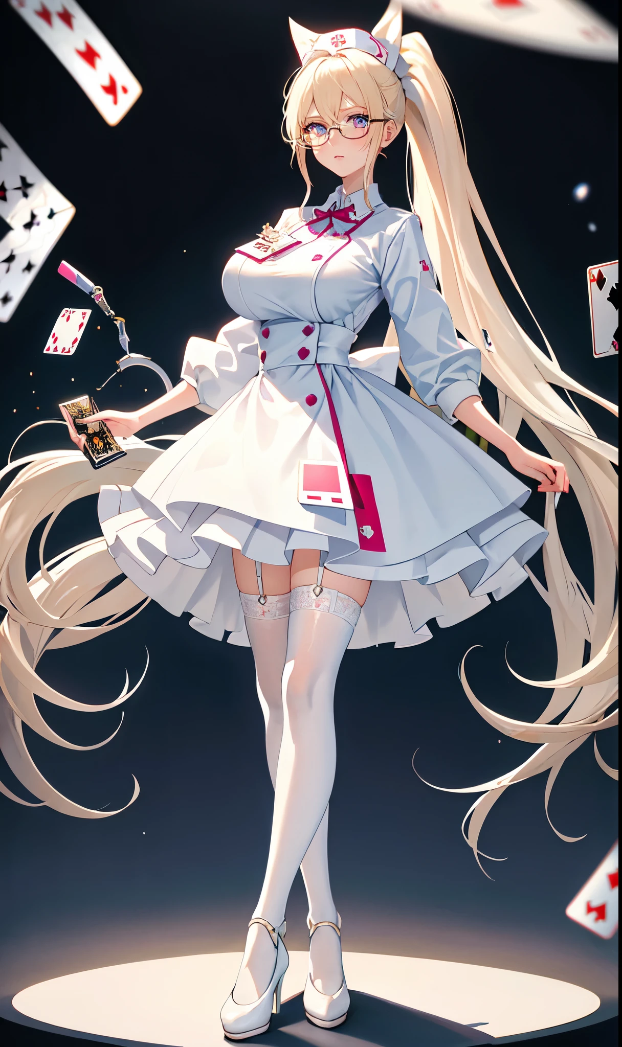 white hospital ward background,Playing card decoration,Long light blonde hair,Standing close-up,dream world,Sister nurse,(glasses),High ponytail,Messy hair,Elongated danphoenix eyes,(white nurse,Handheld dolls,Bunny doll:2.0),(big breast)Background of poker decoration,(A ward filled with poker:1.9),Gentle and sickly nurse sister,white stockings,High heel,Detailedly drawn backgrounds