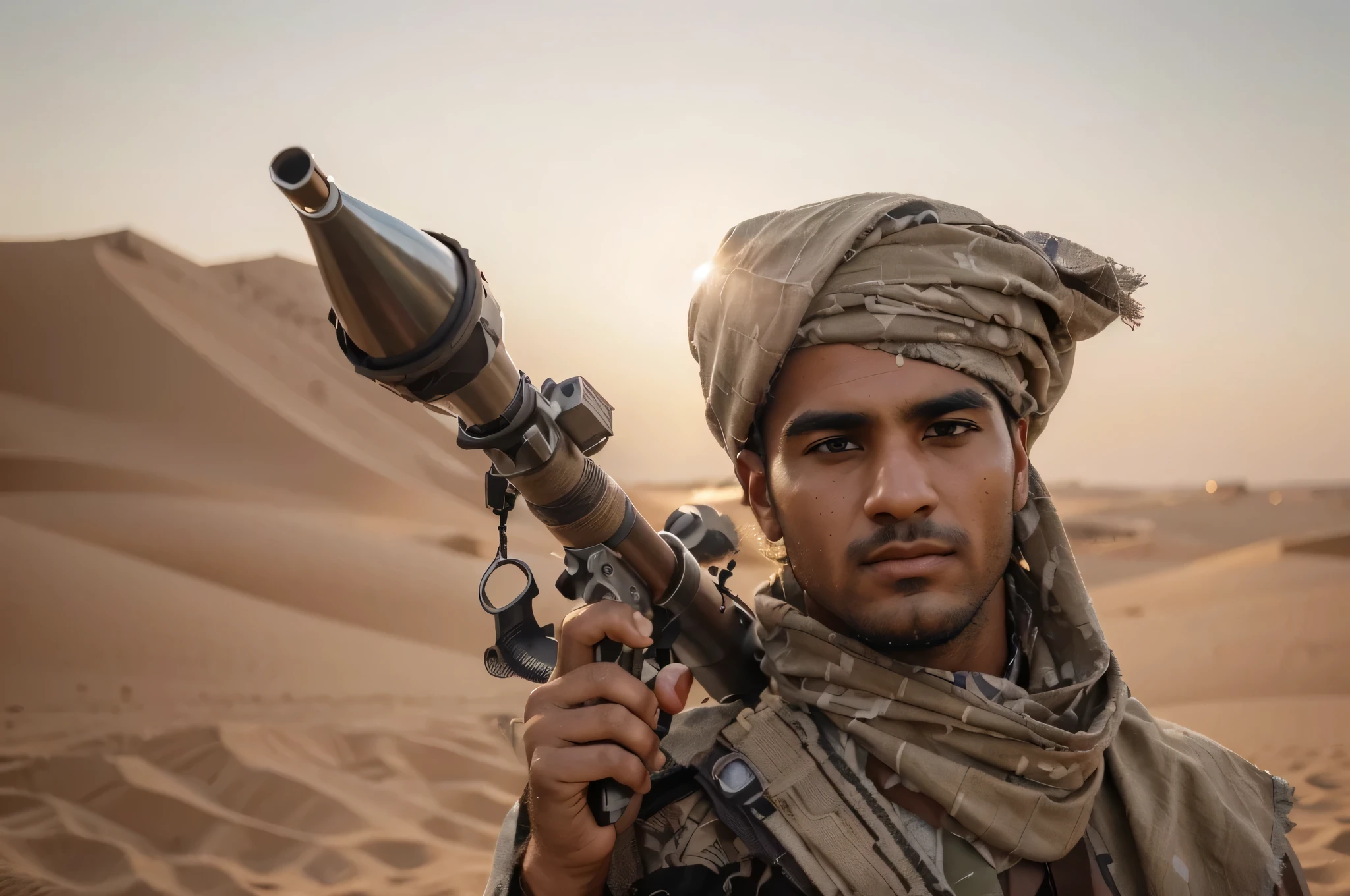 Soldado masculino, Arab face, piel oscura, se cubre la cabeza con una keffiyeh, Typical beige Middle Eastern clothing, carries a Soviet rocket launcher, esta en el desierto, 4k, ultra detallado image, Realista, muy detallado, perfect composition, gorgeous , Intrincadamente detallado, incredibly detailed, 8 k artistic photography, hiper detallado, obra maestra, ultra detallado, hyper Realista, 4k, ultra detallado image, Realista, muy detallado, perfect composition, hermoso, Intrincadamente detallado, incredibly detailed, 8K fine art photography, hiper detallado, obra maestra