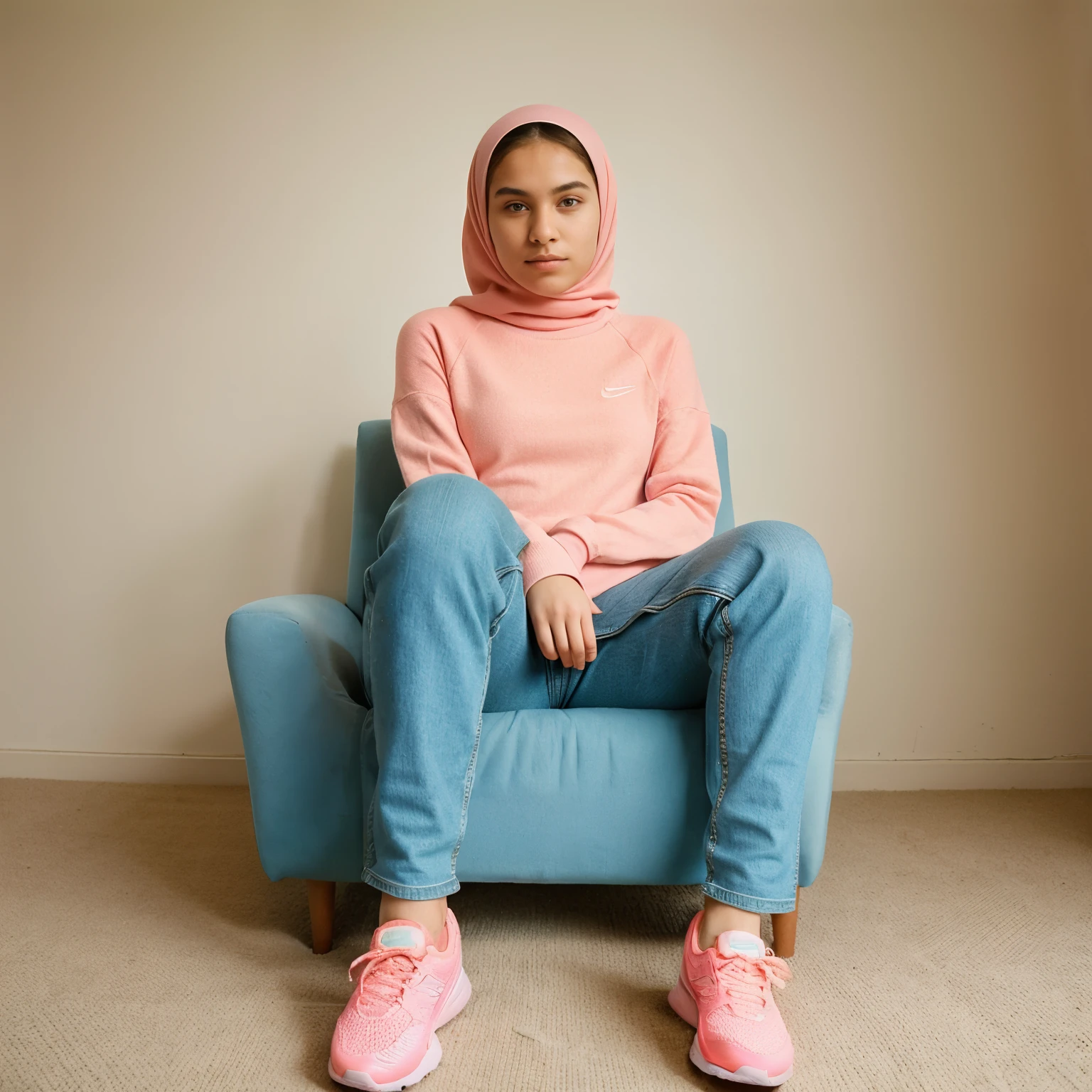 masterpiece of a 16 year old girl,wearing an pink knit sleeved dress, wearing a hijab, wearing long Levis trousers, wearing Nike (Air Max) shoes, sitting elegantly in a chair like a model, elegant pose, faint smile, very detailed, bright orange background, photoshoot, photography, realistic