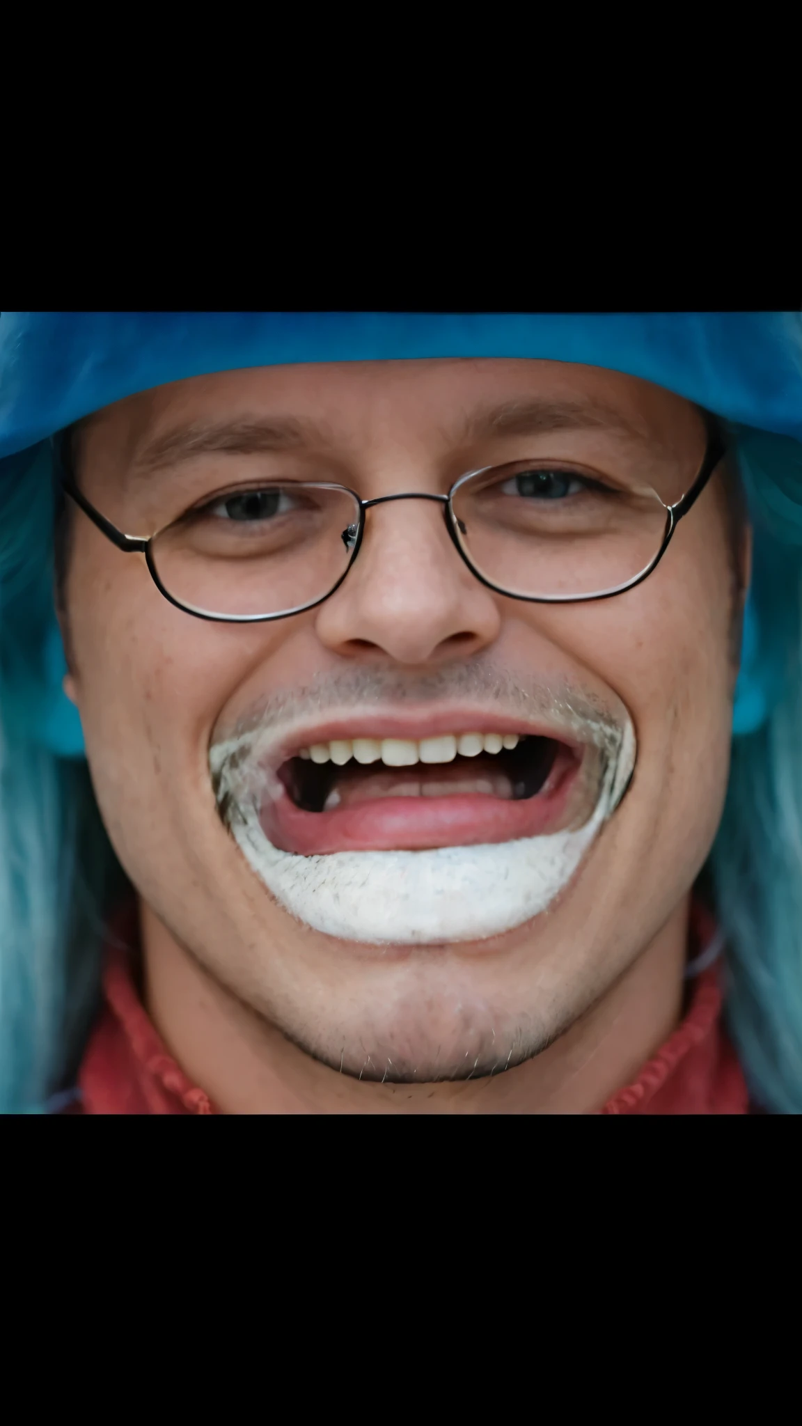 (masterpiece), (realistic), (ultra detailed), ( high reest quality), (photorealistic), (perfect face), (perfect anatomy),((( man)), ((male)), solo, (((35 years old))), buggy from one piece, buggy, one piece, potrait of buggy from one piece, blue hair, long hair, (((his mouth opened in wide laughter))), crazy detail, realistic, professional photography, 8k UHD, SLR camera, soft lighting, high quality, film grain, Fujifilm XT3, (detailed face and eyes), (face: 1 2), noise, extra, detailed skin, ,