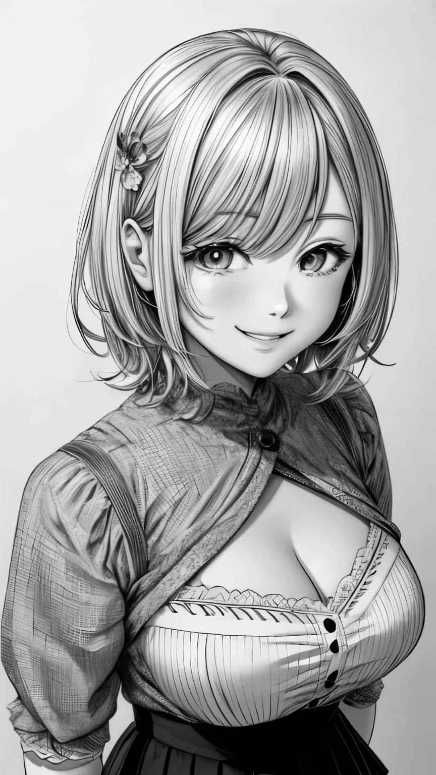 details face, line drawing, monochrome, line drawing, skirt, gray hair, white background、cleavage、smile、1 girl