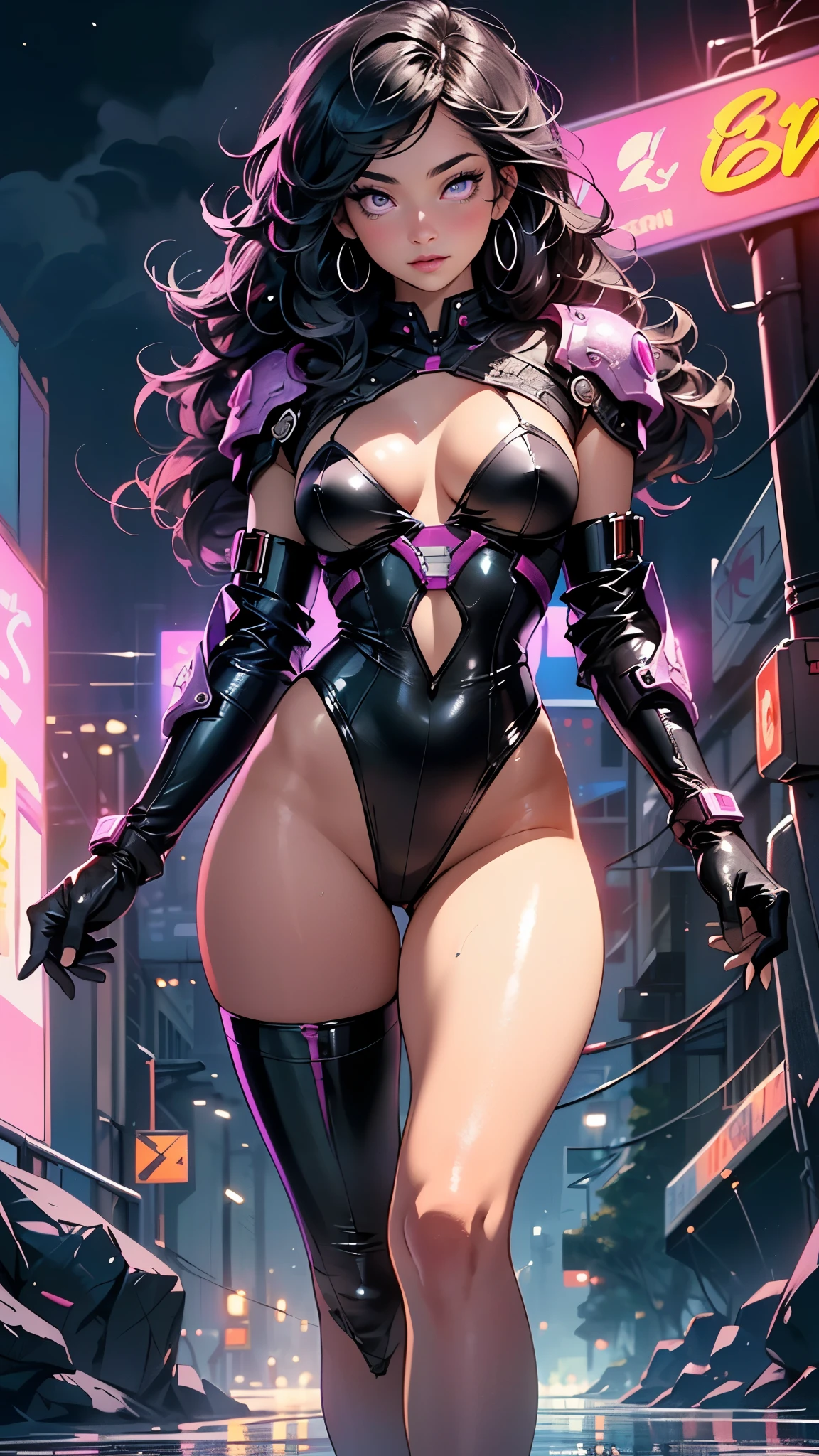 girl spacepunk,(1girl),((cute and beautiful black haired girl)),

(large breasts:1.4),saggy breasts,(((black wavy hair:1.35,absurdly long unkempt hair,messy hair,colored inner hair,ear breathing))),(((purple_eyes:1.3))),intricate eyes,beautiful detailed eyes,symmetrical eyes,((fat)),(((lustrous skin:1.5,bright skin: 1.5,skin tanned,shiny skin,very shiny skin,shiny body,plastic glitter skin,exaggerated shiny skin,illuminated skin,wet legs))),(spider lower abdomen,narrow waist,wide hip,athletic body,inflated legs, thick thighs,detailed body,(detailed face)),

cute,slutty,erotic,((nsfw)),

zettai ryouiki,revealing clothing,show skin,(wearing a mechanical space body armor:1.3,micro armor bikini,bare legs),with micro clothes,almost totally naked,with little clothing,tiny thong,generous neckline,(((wet clothes,intricate outfit,intricate clothes))),

dynamic pose:1.0,embarrassed,(centered,scale to fit dimensions,Rule of thirds),

cyberpunk city by the ocean at night, with bright neon signs and dark stormy clouds and puddles, scenery:1.25,nighttime, starry night, cosmos,Very dark night that makes the neon lights stand out, very bright neon lights,nighttime, starry night, cosmos,

artistic photography,(photography taken by sldr),highres, sharp focus,(ultra detailed, extremely detailed), (photorealistic artwork:1.37),(extremely detailed CG unity 8k wallpaper),((synthwave background theme)),(((vibrant colors))),intricate,(intricate background),(masterpiece),(best quality),perfect rendered face,perfect face details,realistic face,photo realistic,analog style,((intricate detail)),(((realism))),
