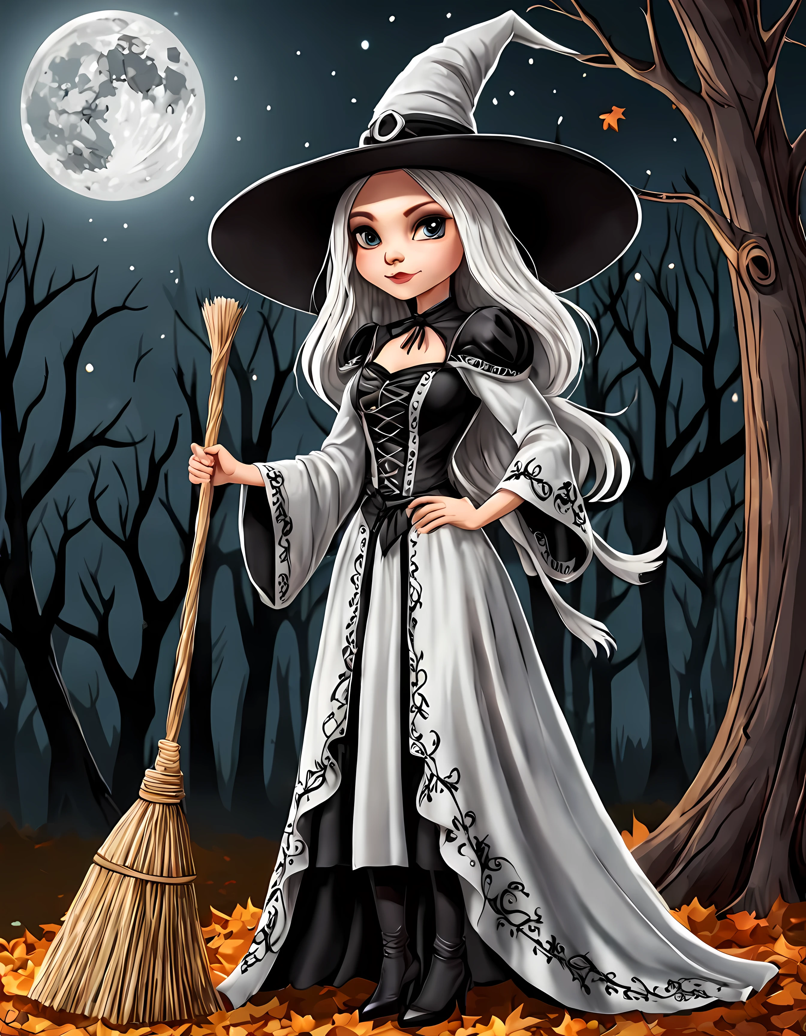 (Cute cartoon style:1.4), masterpiece in maximum 16K resolution, a pretty white witch wearing an (extravagant) dress. | Holding an ((elegant polished)) broomstick. | Detailed gothic background. | ((More_Detail))