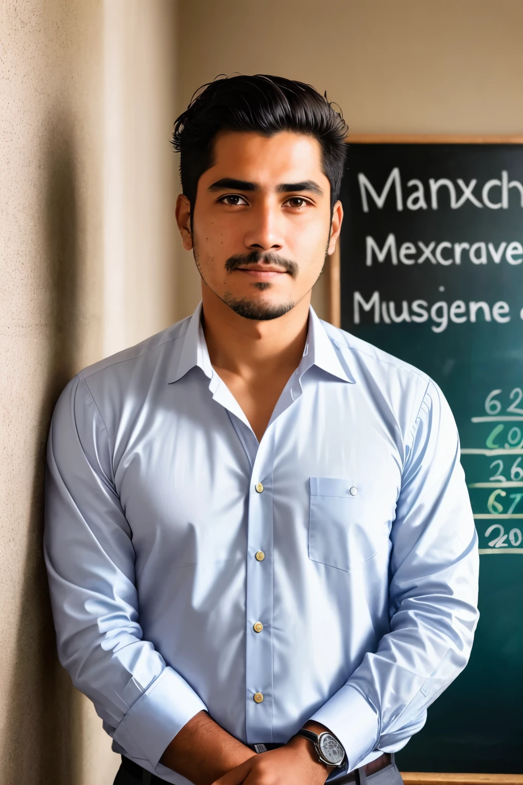 A portrait of a Mexican man teacher at school, exhibiting a warm and welcoming expression, dressed in his formal attire – a crisp white shirt and gray trousers – standing against the backdrop of a vibrant chalkboard filled with intricate equations and colorful diagrams, the sunlight streaming in through the window casting cinematic lighting on his face, bringing out the fine lines and the depth of his character, his dark eyes reflecting the determination and passion he holds for imparting knowledge to his young students.