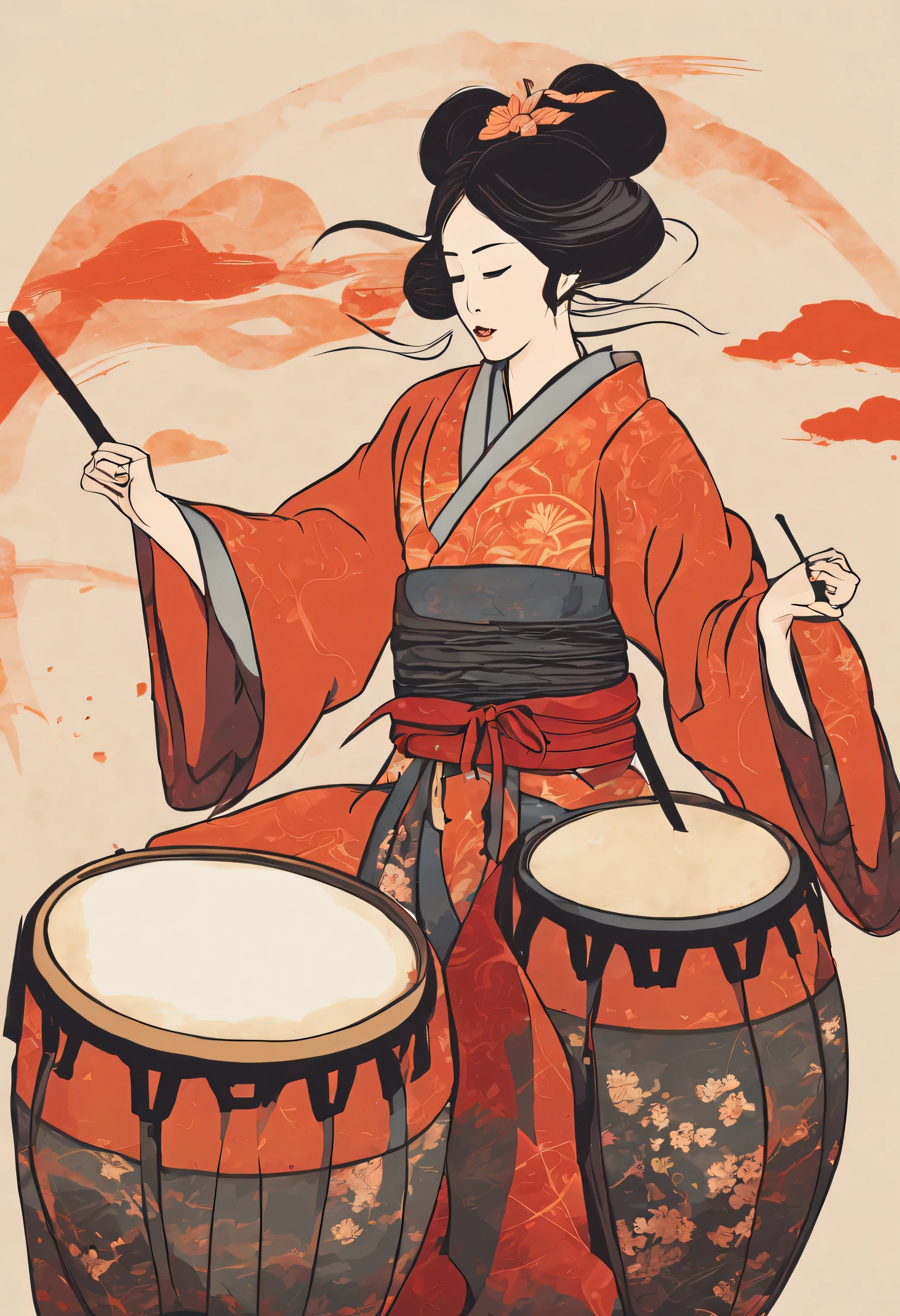 A beautiful and brave woman energetically beating the big drum,, Traditional japanese, Drumming, elation, Traditional, masterful composition!