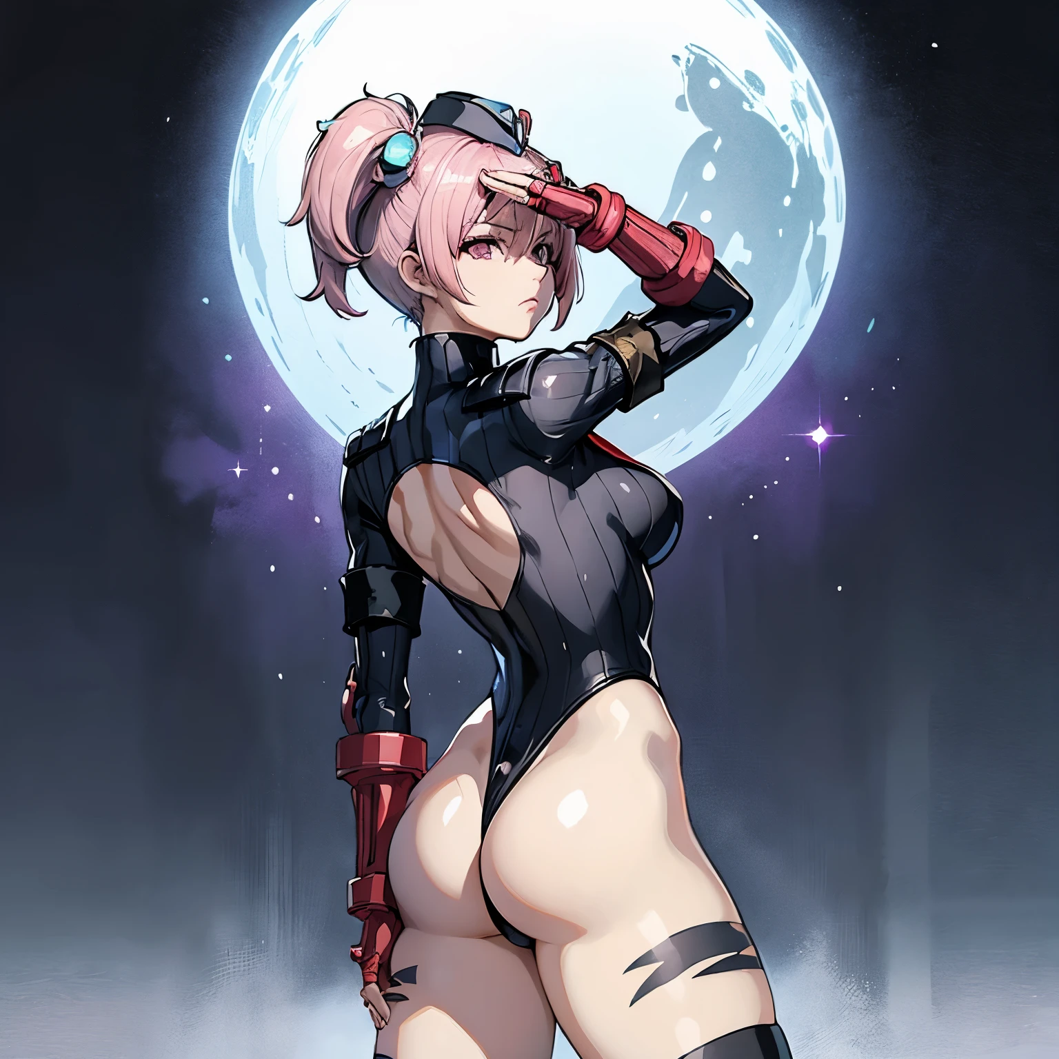 ultra-detailed, Explicit, Beautiful body, Beautiful Nose, Beautiful character design, perfect eyes, perfect face, ultra highres, 4K, beautiful legs, perfect legs, Nice hands, Perfect hand, Masterpiece, Best Quality, Highly detailed, illustration, absurdres, perfect anatomy, street fighter, doll suit, shadaloo doll, dollsuit, expressionless, blank eyes, looking at viewer, red gloves, emotionless, black latex, corrution, mind control, female combatant, full body, hypnotized, unhappy trance, full body suit, ribbed bodysuit, both arms at side, obey, perfect female body, extremely glossy latex, hypnosis, hypnoLora, empty eyes, Blank eyes, Mind control device, poses, submissive_pose, Slave, stand up straight, standing, standing at attention, hat, necktie, belt, latex, ribbed bodysuit, thighhighs, garter belt, Fighting Stance, extending the right arm from the shoulder into the air with a straightened hand, salute, saluting, military saluting, nazi saluting, military, thigh boots, 1girl, hair ornaments, pink hair, short hair, hair, pink eyes, (((pixel-perfect, detail-perfect))), solo, 1girl, Riri Hitotsuyanagi, Assault Lily, ass, view from back, looking from back, from back