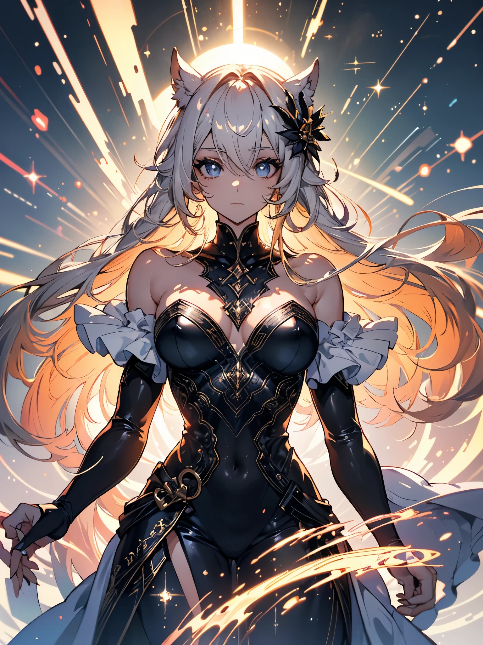 ((masterpiece, best quality)), Epic battlefield atmosphere，Delicate face，Succubus，whole body，Standing picture，glowing golden eyes，Large Breasts，Gradient white long wavy hair，Perfect body proportions，Pure white background，Fluorescence，firefly，Water Ripples，Lace，Transparent sex bikini，Tattoo，chain