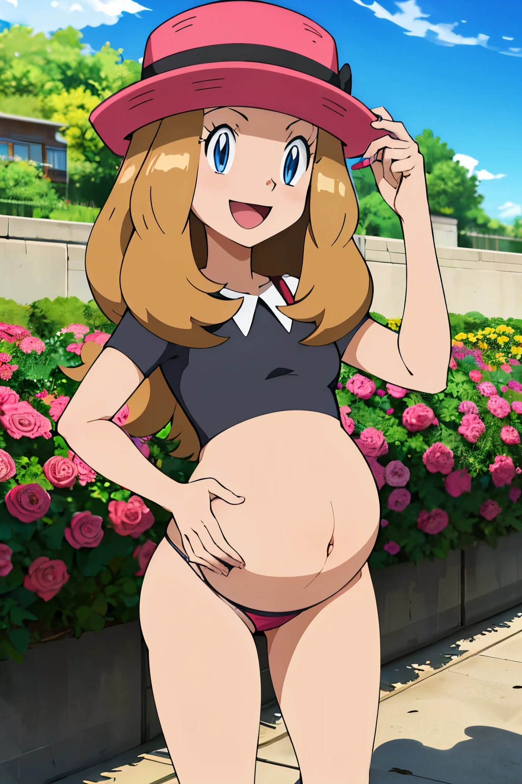 obra maestra, Mejor calidad, high resolution, al aire libre, 1 chica, Solo, serena (pokemon), sombreros rosas, falda roja, la camisa negra, hombros descubiertos, mirando al espectador, embarazada, pregnant, sonrisa timida, rubor.