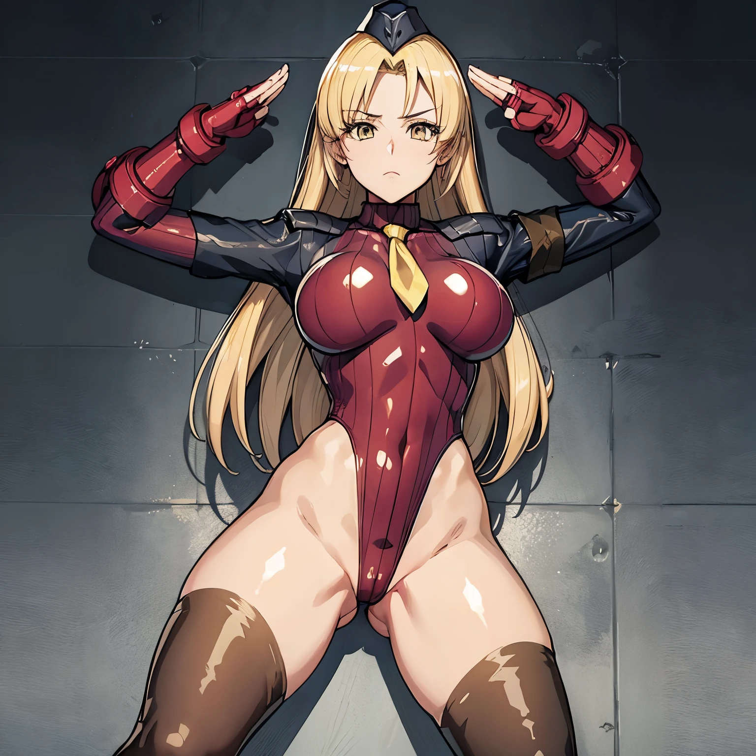 ultra-detailed, Explicit, Beautiful body, Beautiful Nose, Beautiful character design, perfect eyes, perfect face, ultra highres, 4K, beautiful legs, perfect legs, Nice hands, Perfect hand, Masterpiece, Best Quality, Highly detailed, illustration, absurdres, perfect anatomy, street fighter, doll suit, shadaloo doll, dollsuit, expressionless, blank eyes, looking at viewer, red gloves, emotionless, black latex, corrution, mind control, female combatant, full body, hypnotized, unhappy trance, full body suit, ribbed bodysuit, both arms at side, obey, perfect female body, extremely glossy latex, hypnosis, hypnoLora, empty eyes, Blank eyes, Mind control device, poses, submissive_pose, Slave, stand up straight, standing, standing at attention, hat, necktie, belt, latex, ribbed bodysuit, thighhighs, garter belt, Fighting Stance, extending the right arm from the shoulder into the air with a straightened hand, salute, saluting, military saluting, nazi saluting, military, thigh boots, 1girl, hair ornaments, blonde hair, long hair, yellow eyes, (((pixel-perfect, detail-perfect))), solo, 1girl, Tendou Rushuna, Grenadier