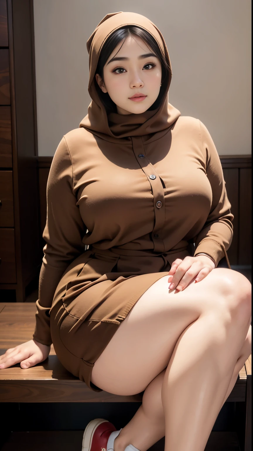 there is a woman sitting down with a longest brown hijab, bbwchan, thicc, brown hijab outfit, brown hijab fashion model, korean girl, korean woman, wearing brown robe, full length shot, alluring plus sized model, japanese goddess, clothed in hooded, voluptuous and arousing, portrait shot, curvy model, voluptuous body, wonderful, nene tanaka body , bbwchan, The overall atmosphere is smooth , haunting illustrations, extremely high-resolution details, photographic, realism pushed to extreme, fine texture, 4k, ultra-detailed, high quality, high contrast, red sneakers 