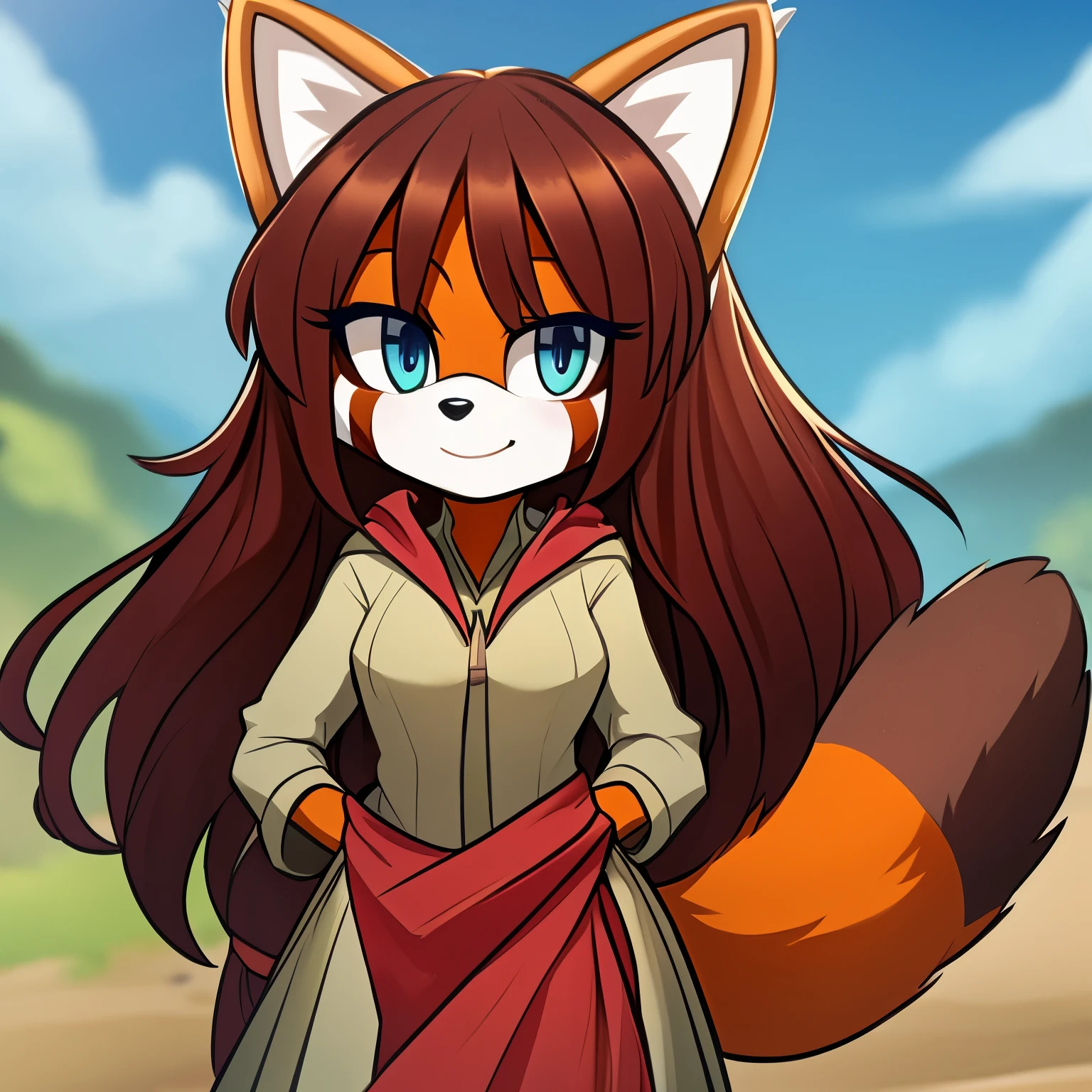 Female, mobian, red panda, long hair