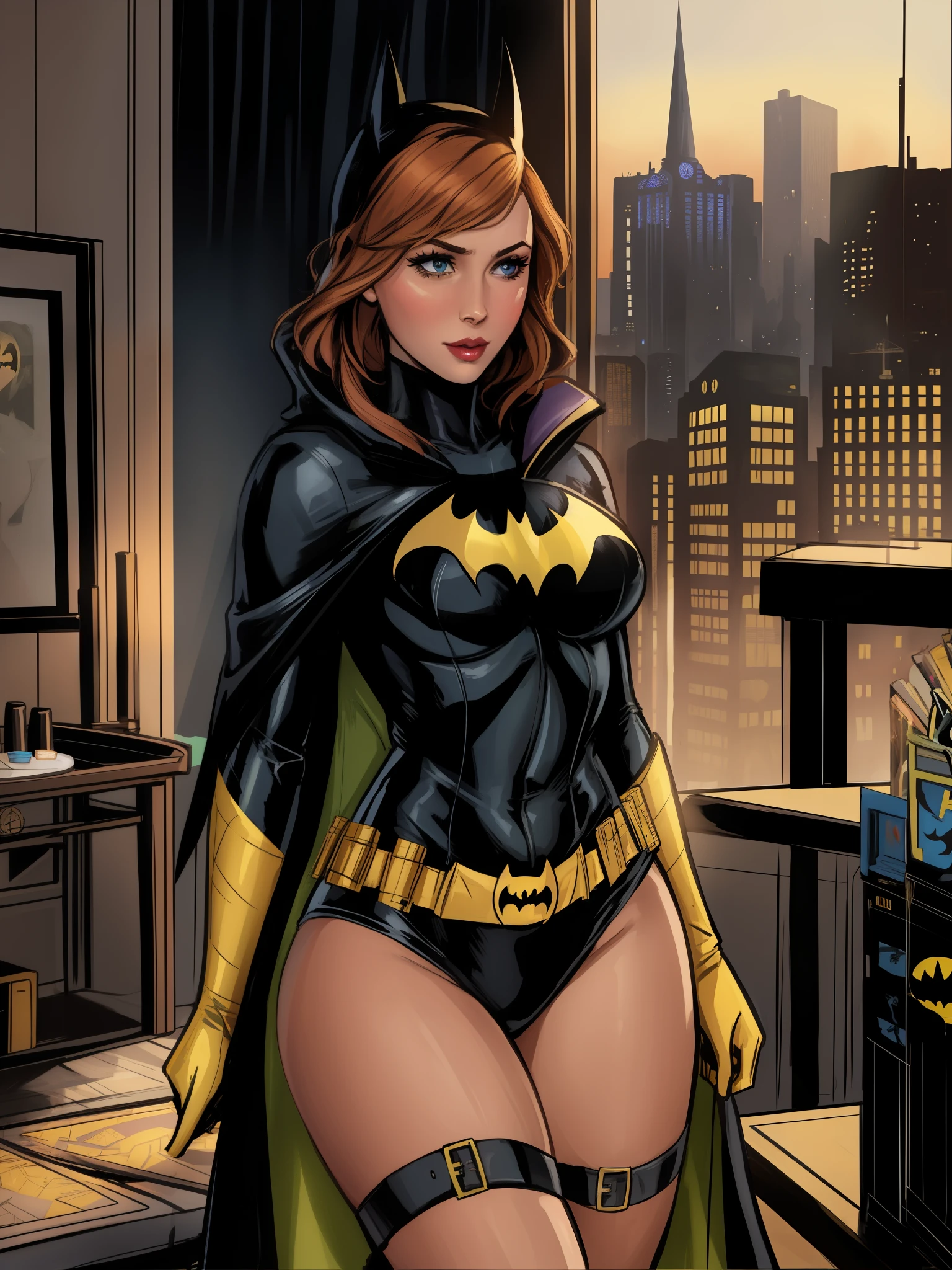 Close-up of a woman in a Batman costume, standing in the room, Batgirl, Dinah Drake, karen gillan Batgirl, maika monroe Batgirl, bat, Anigirl Batman, in the Batman comics, Chris Moore. Artgerm, zenoscope, ivy, in the Batman comic, beautiful comic, J. Scott Campbell, comic book character, J Scott Campbell