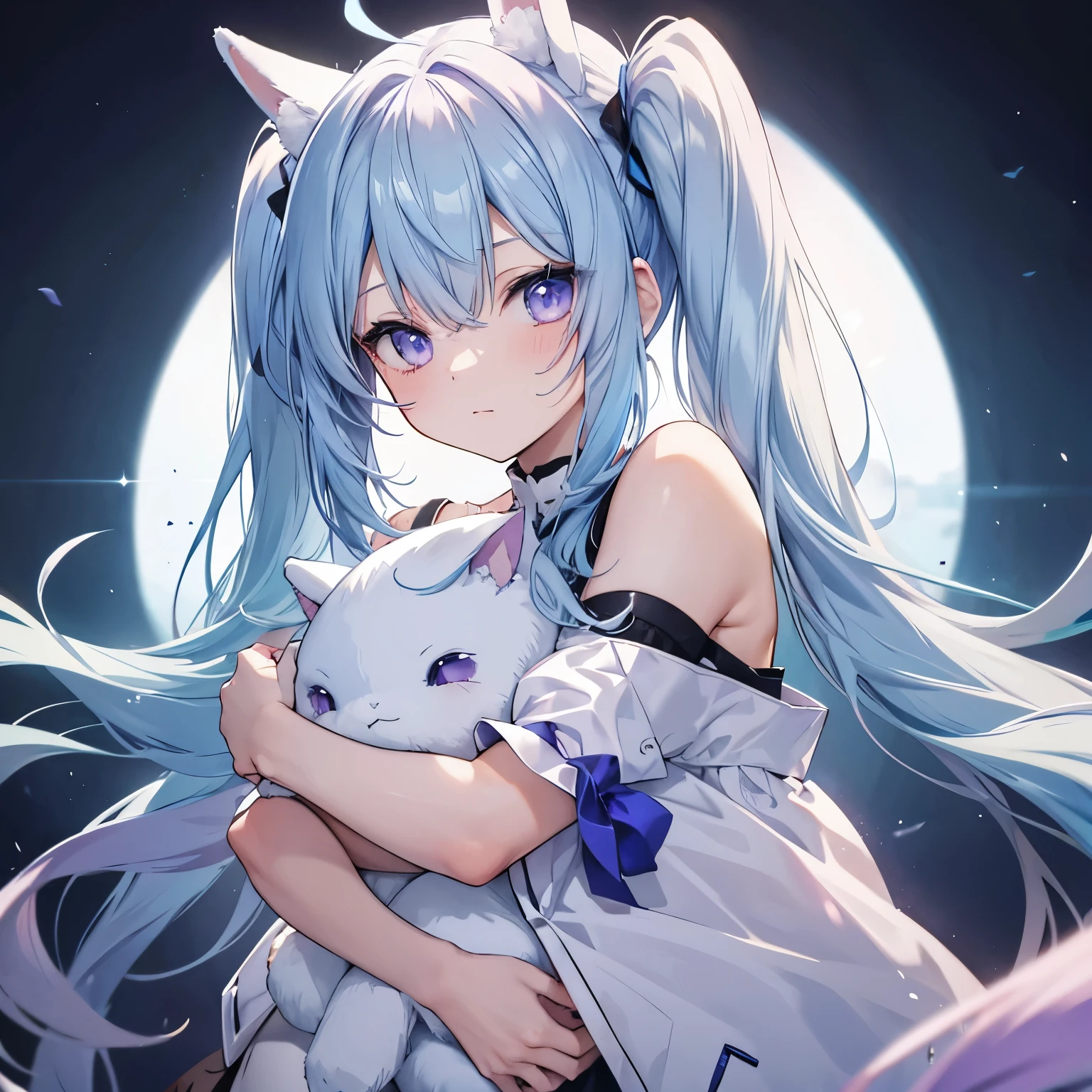 Light blue hair, light purple eyes, long hair, twin tails, hugging a stuffed rabbit 